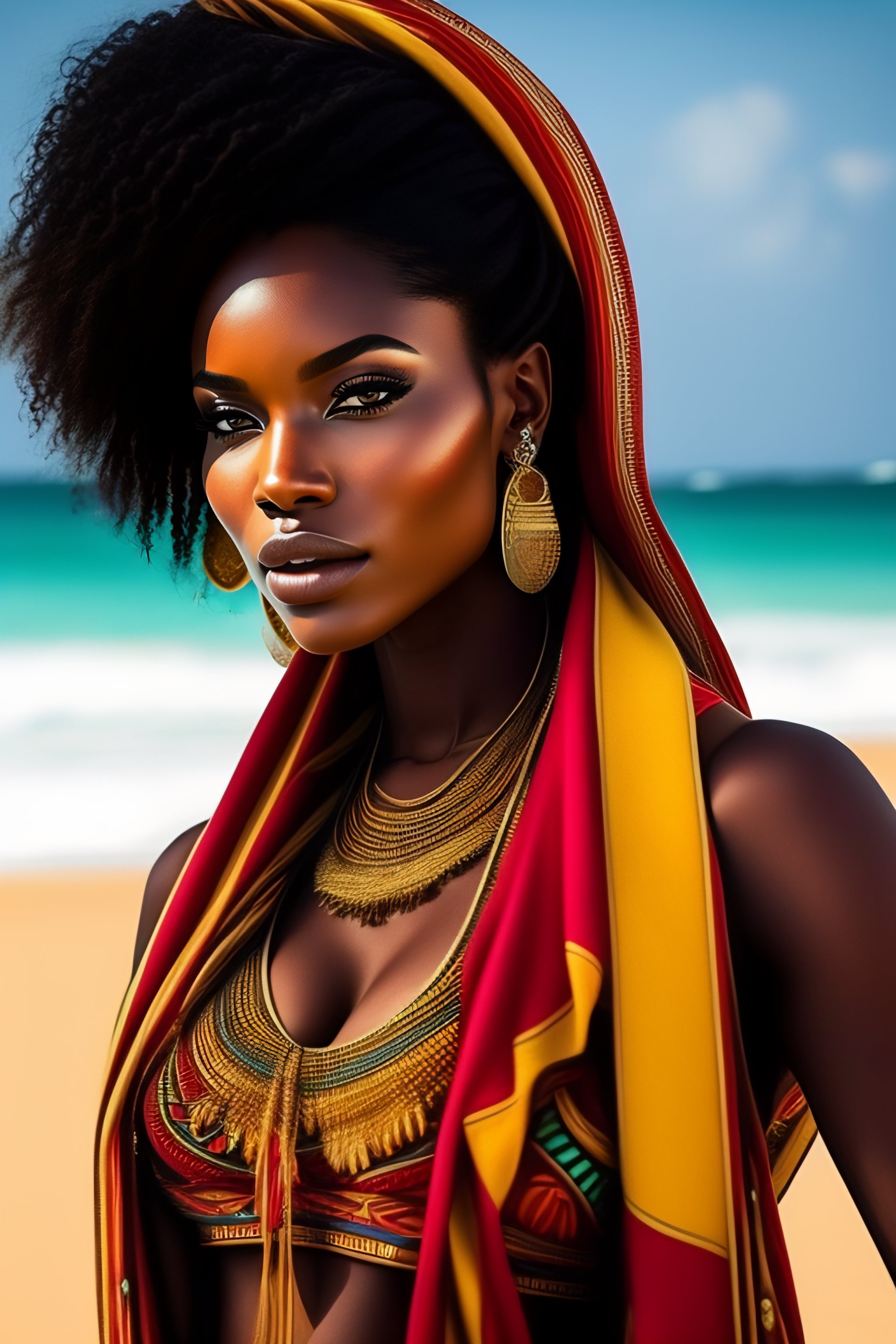 Lexica - Black african sexy girl wear traditional clothes at the beach