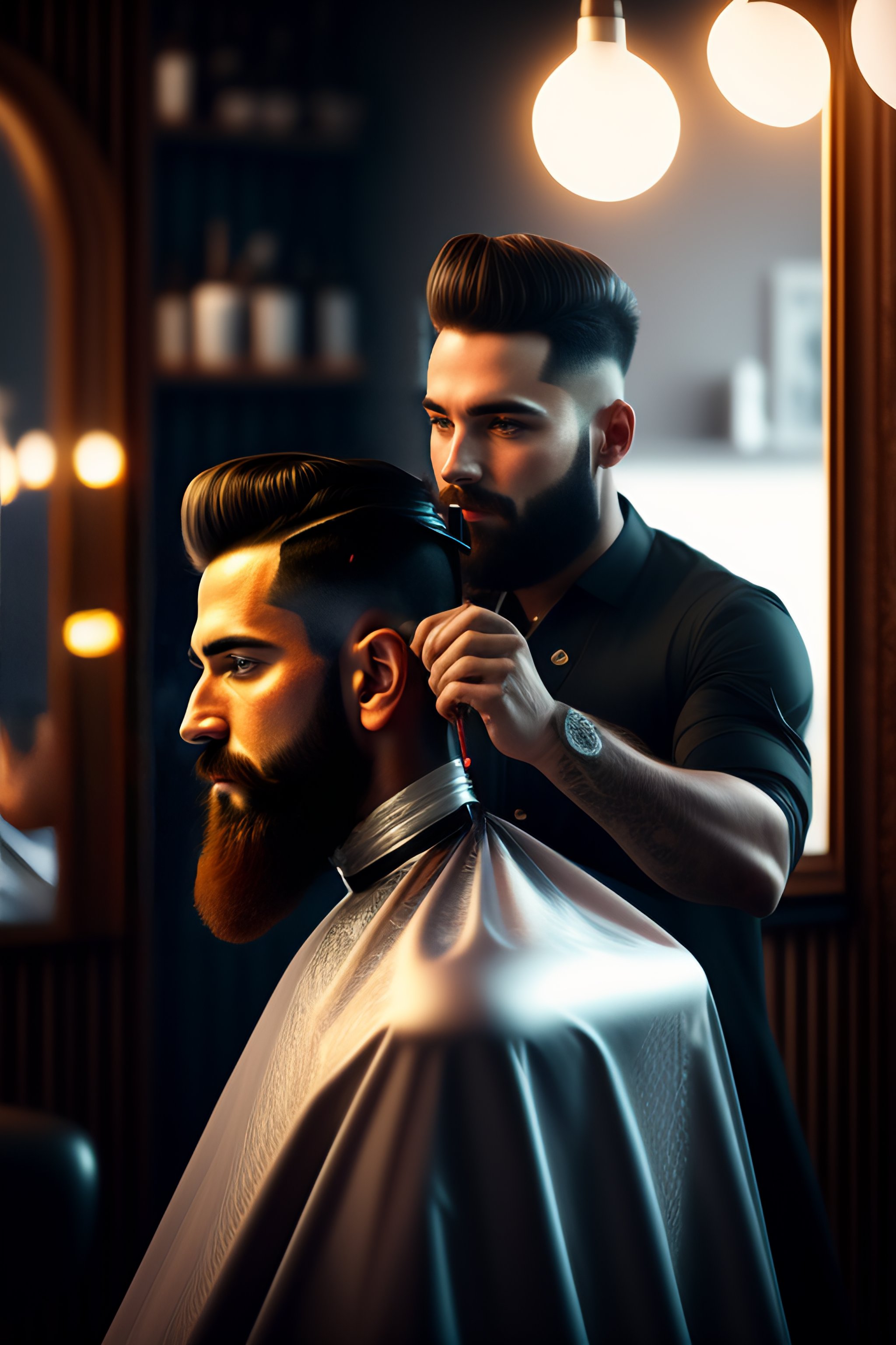 Lexica A barberman cutting another man's hair in a barber shop, a