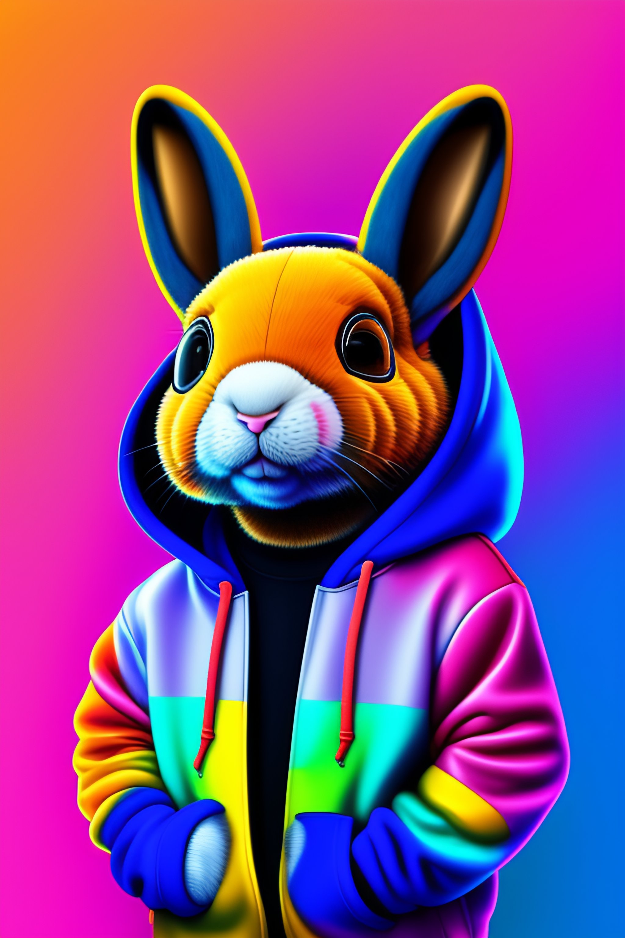 Lexica - A stuffed rabbit wearing a colorful hoodie and sunglasses, hip ...