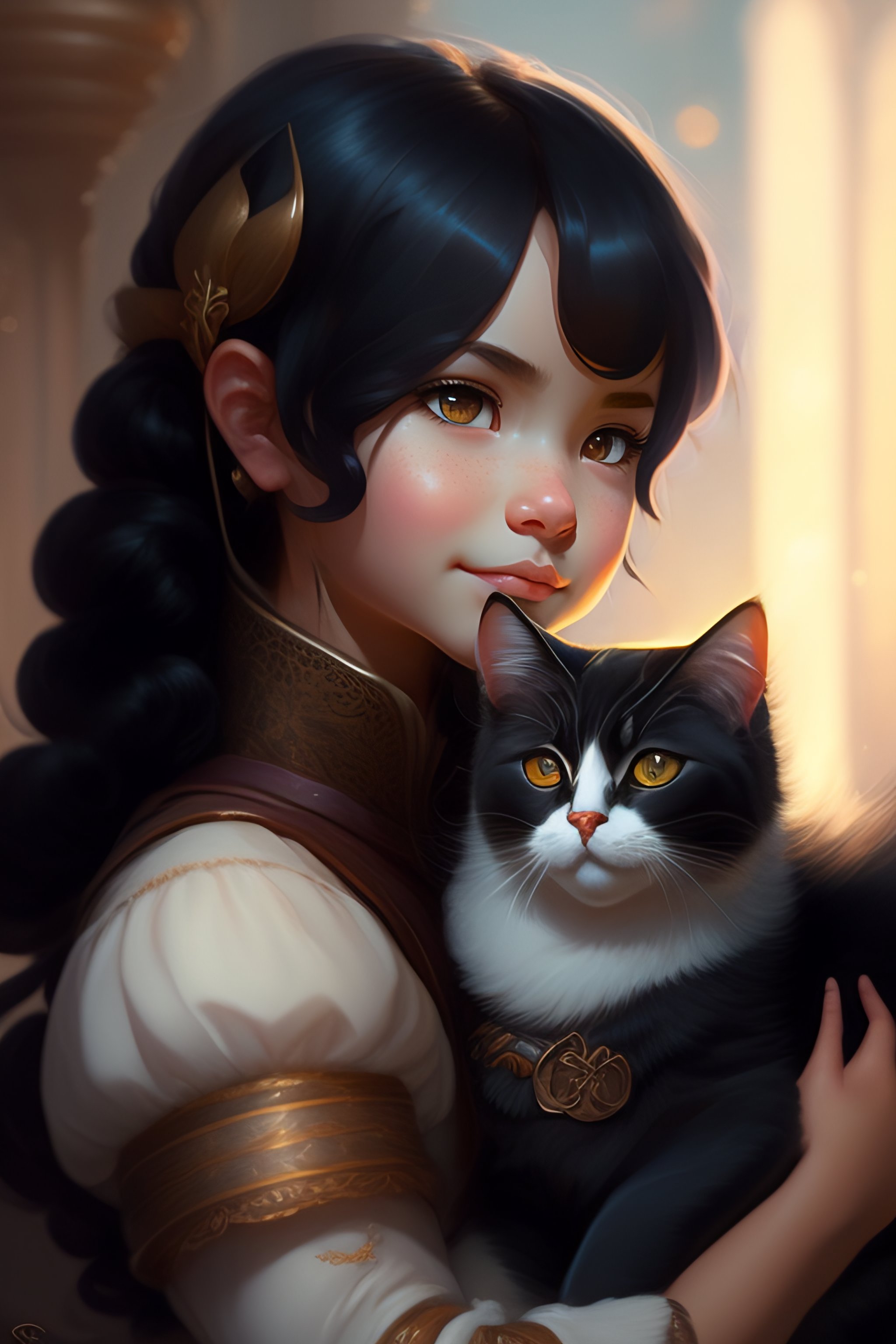Lexica - A detailed portrait of a cute black hair girl hugging a tabby ...