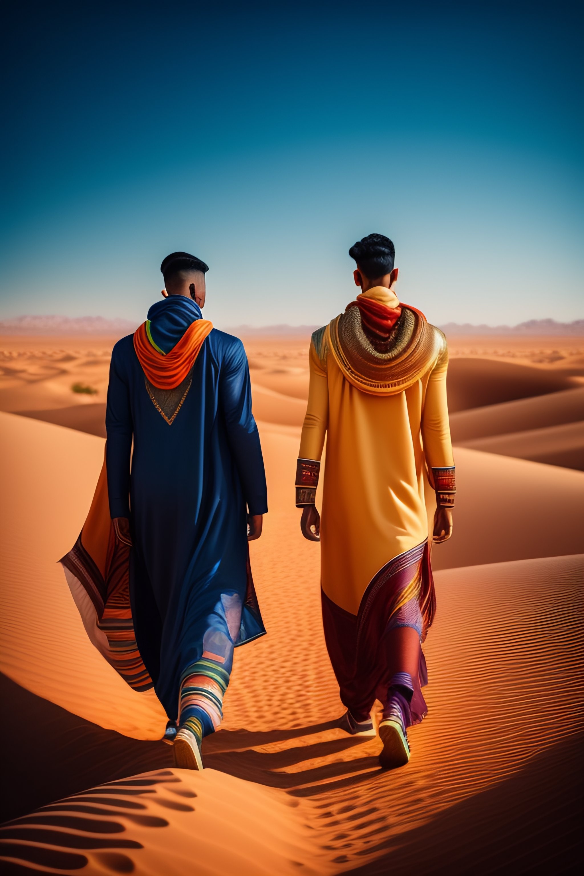 Lexica - Futuristic, young boy wear moroccan clothes and futuristic man  with desert scarf run, desert landscape cinematic