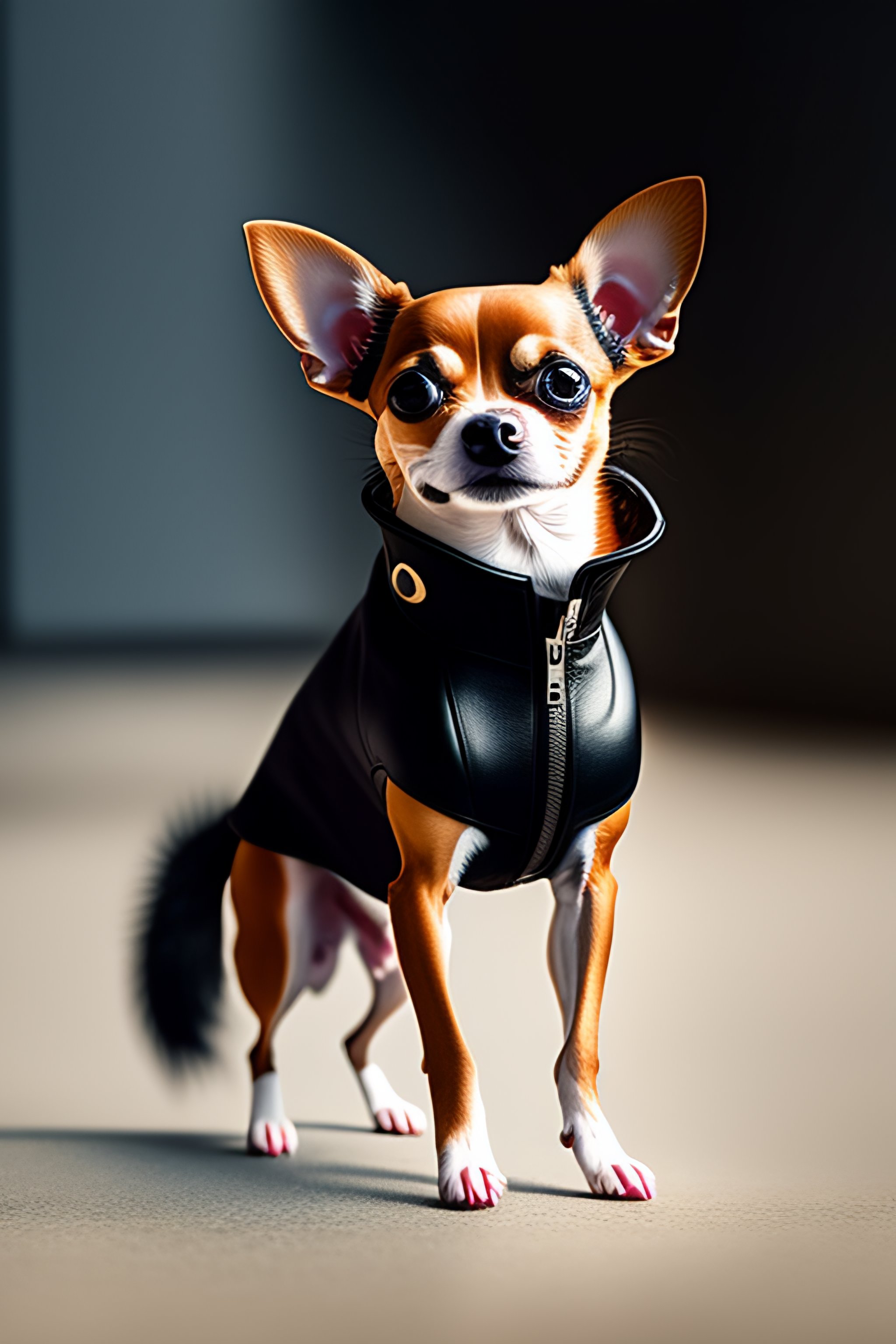 Lexica Humanoid chihuahua in a leather jacket standing on two legs