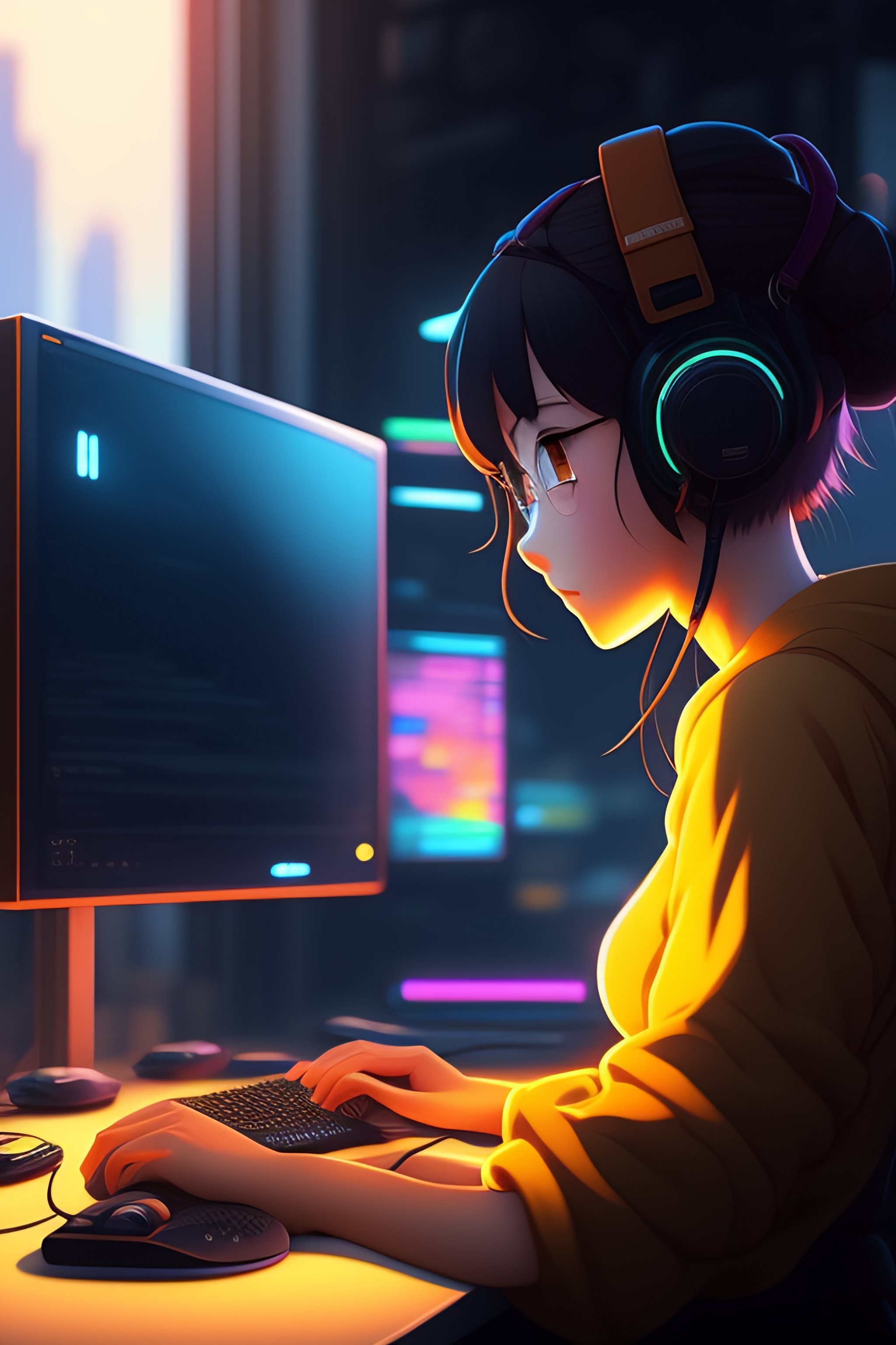 Anime Girl Drawing On Computer