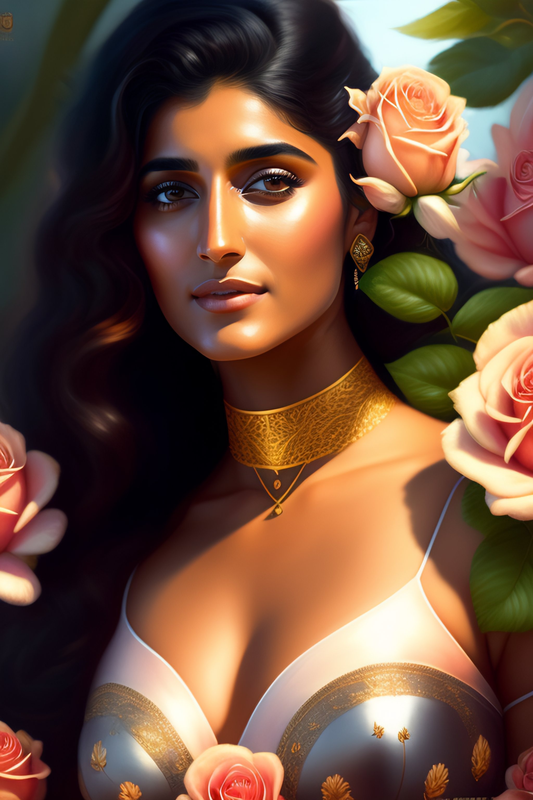 Lexica Spanish woman niveda thomas, smelling a flower, roses