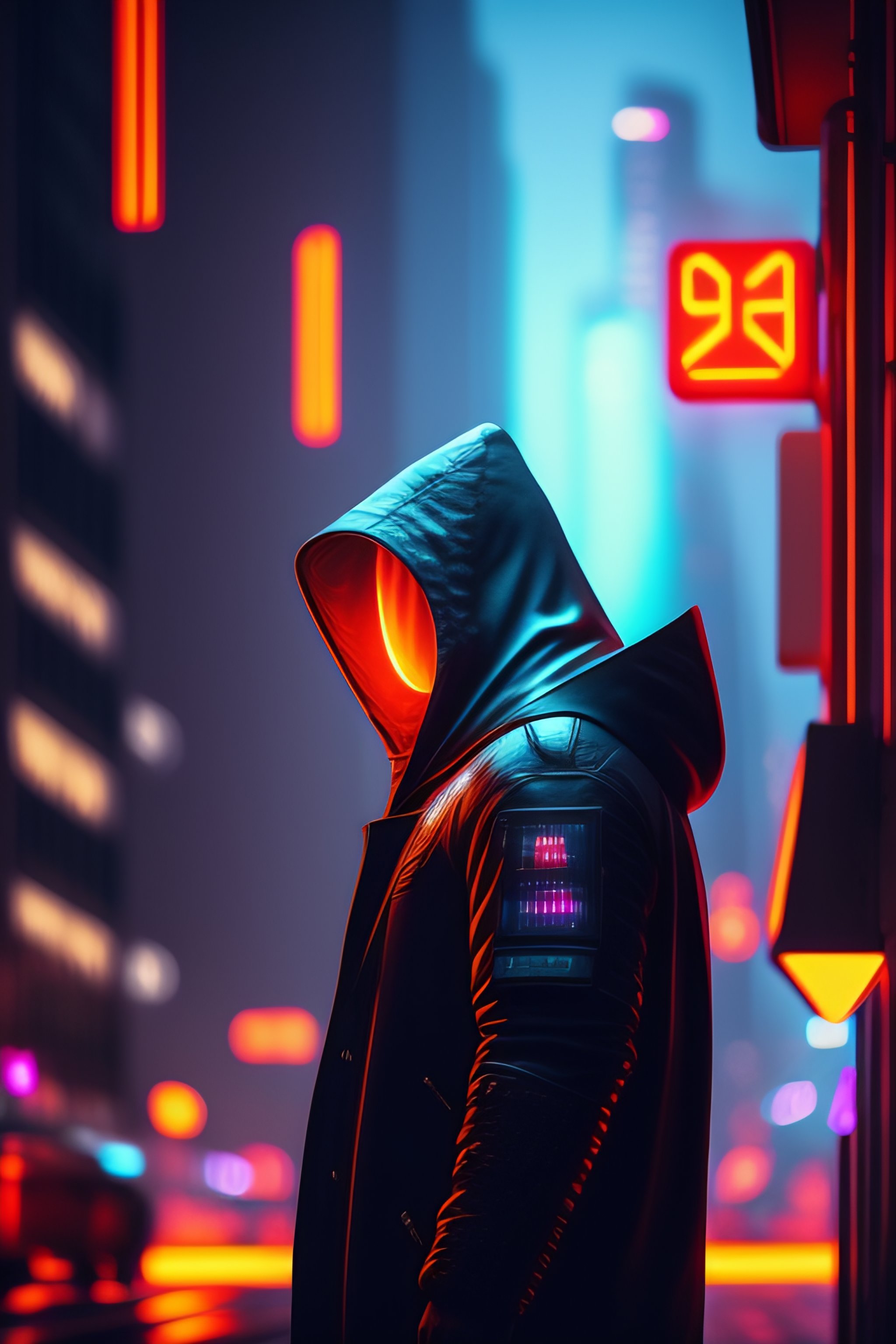 Lexica - Hooded man, neon lit cyberpunk city, hyper-detailed ...