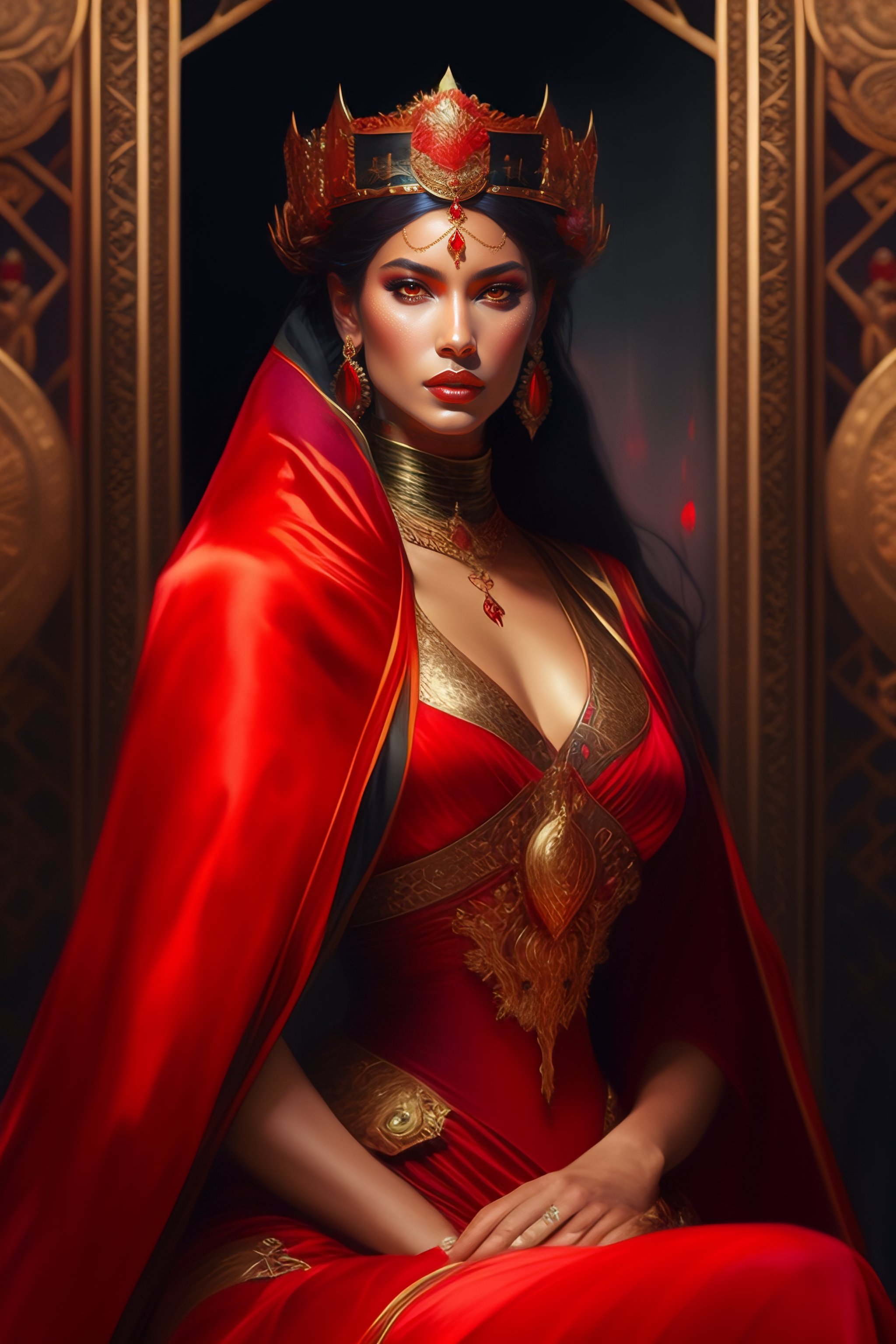 Lexica - Queen in a red robe sitting on a throne with a sword in the ...
