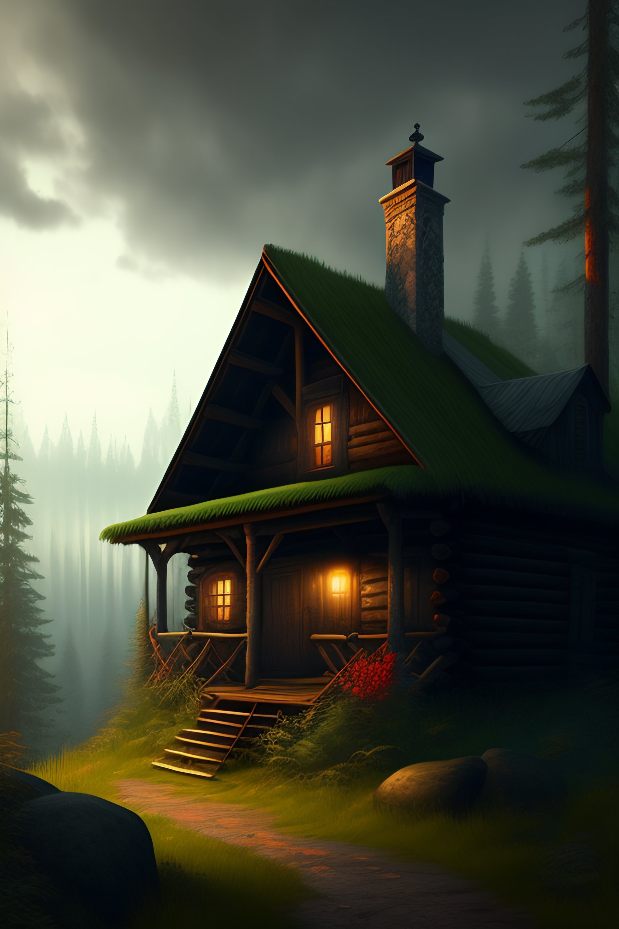 Lexica - A painting of a eerie cabin in the middle of the woods with ...