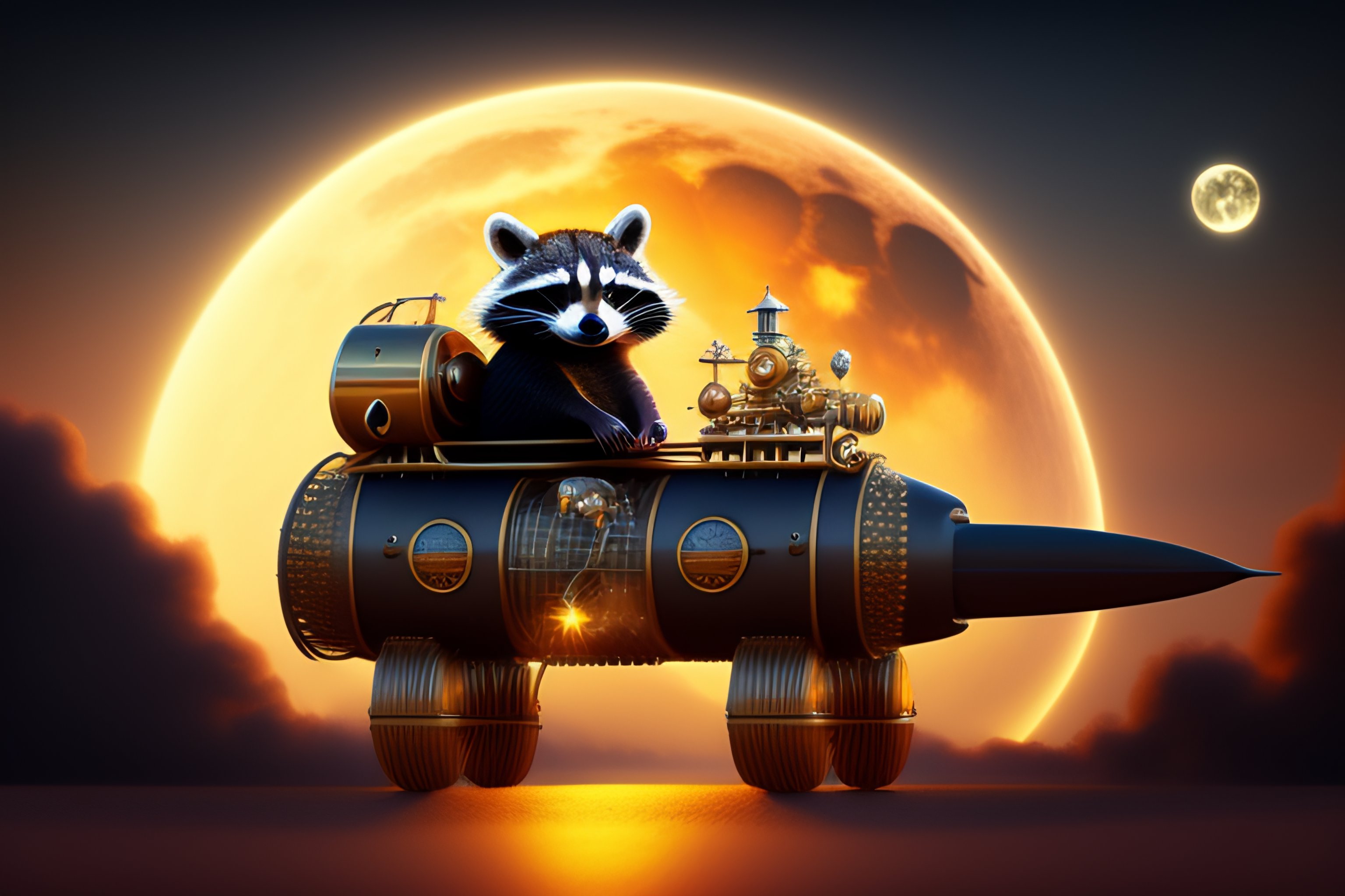 Lexica - Raccoon in a steampunk unform riding on a huge rocket with ...