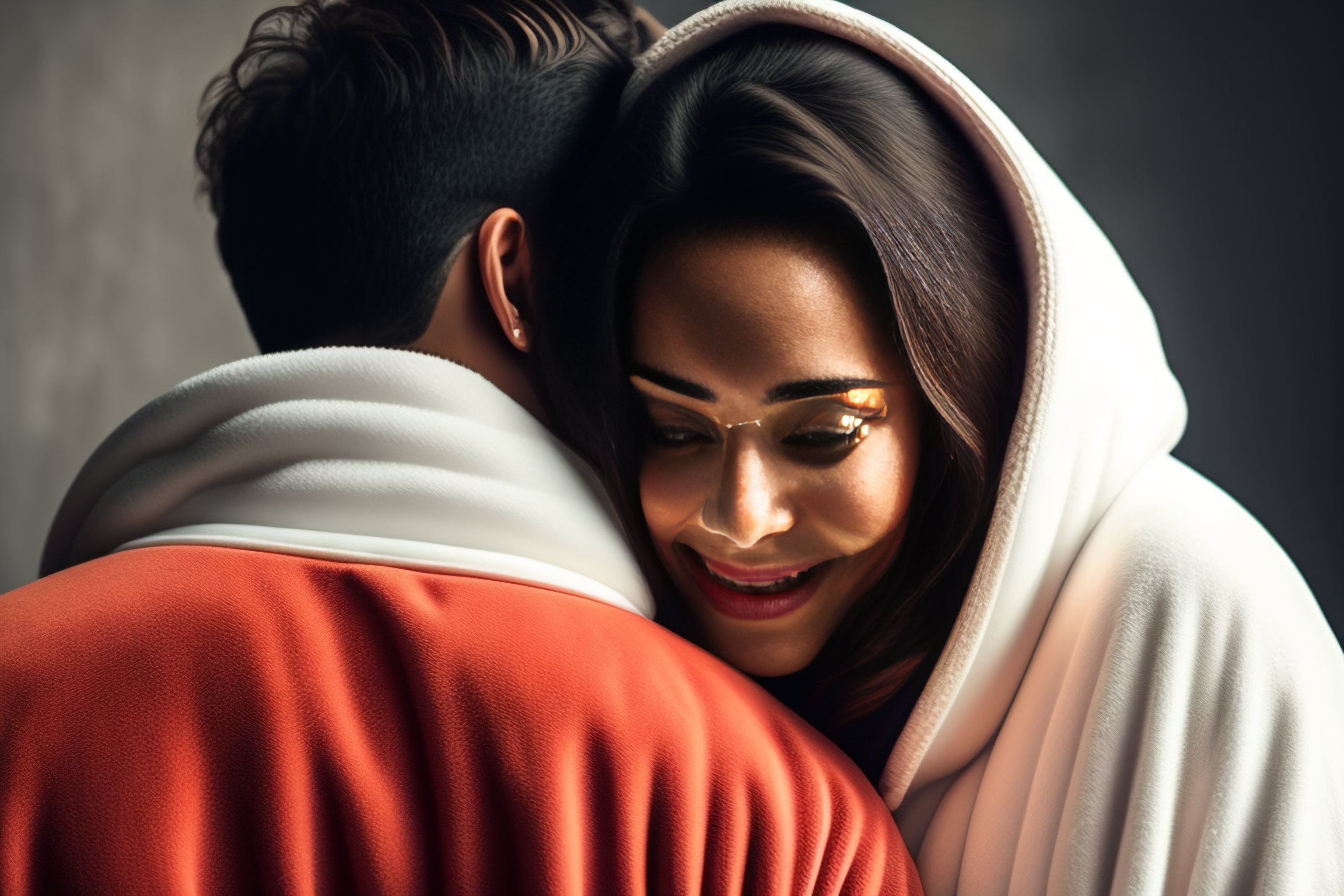 Lexica - A man and a woman hugging each other in a bathrobe