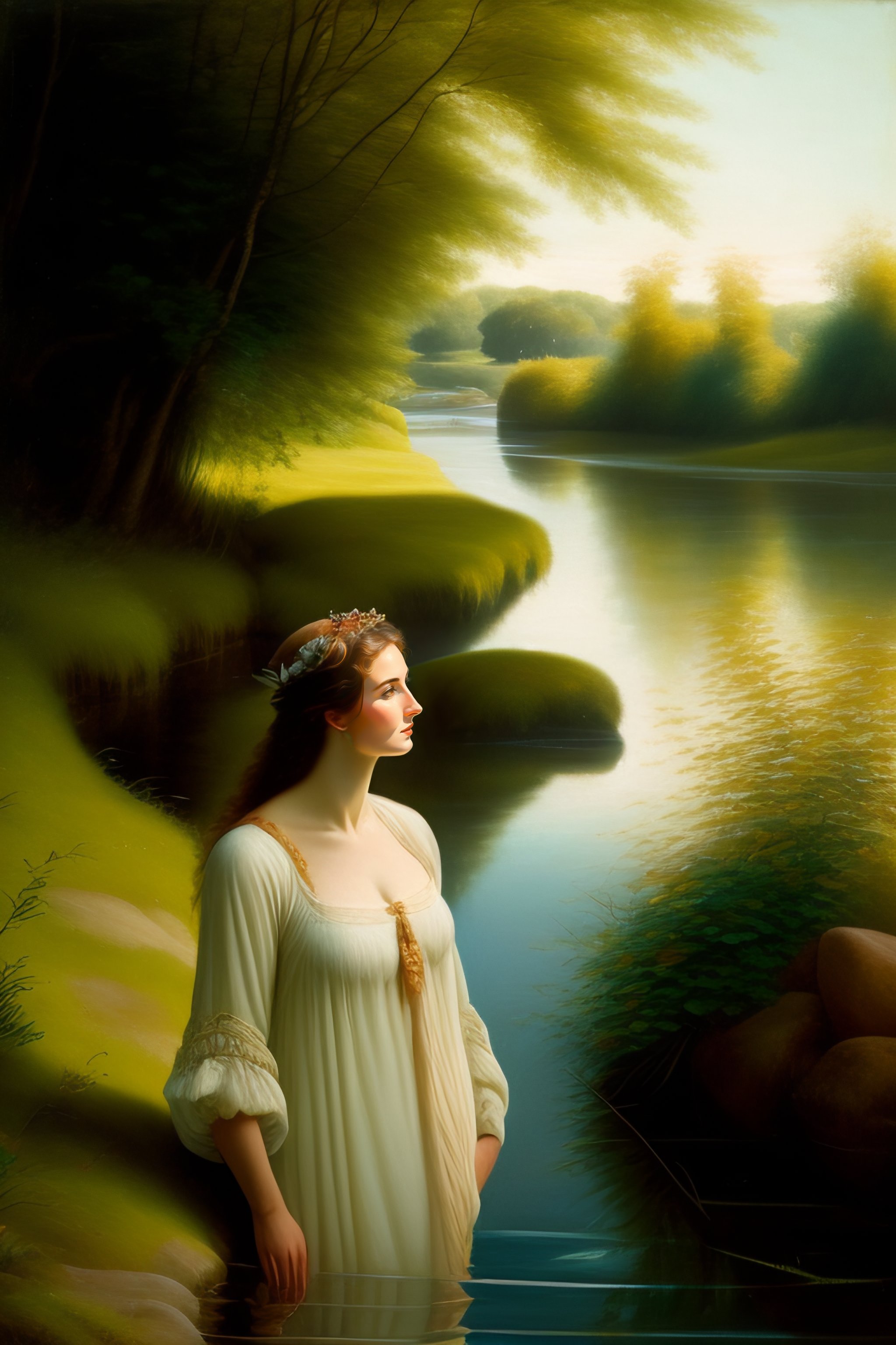 Lexica - A young woman facing the objective, with her feet in the water ...