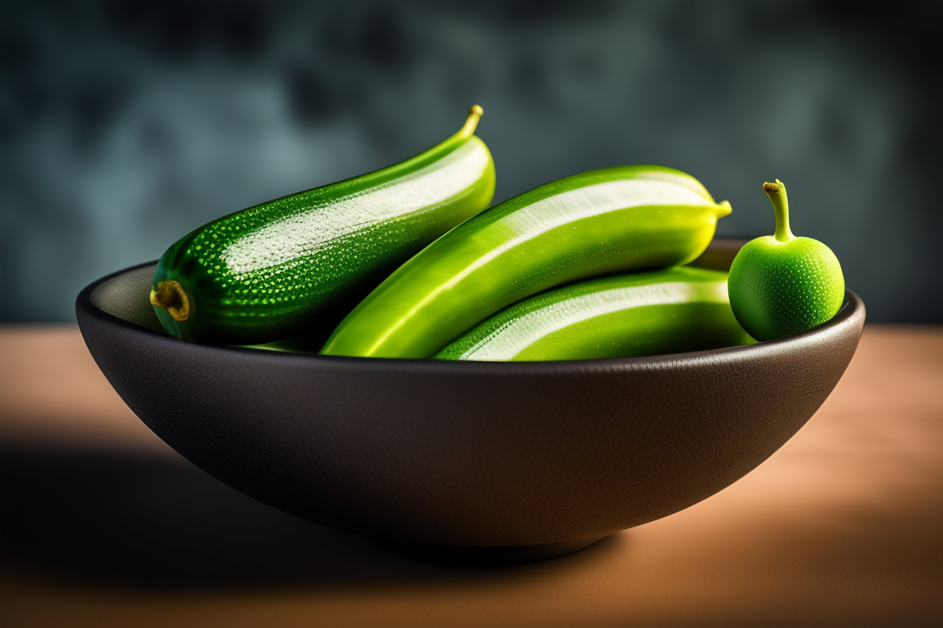 Lexica Bowl of long cucumbers, studio shot, natural placement on dark