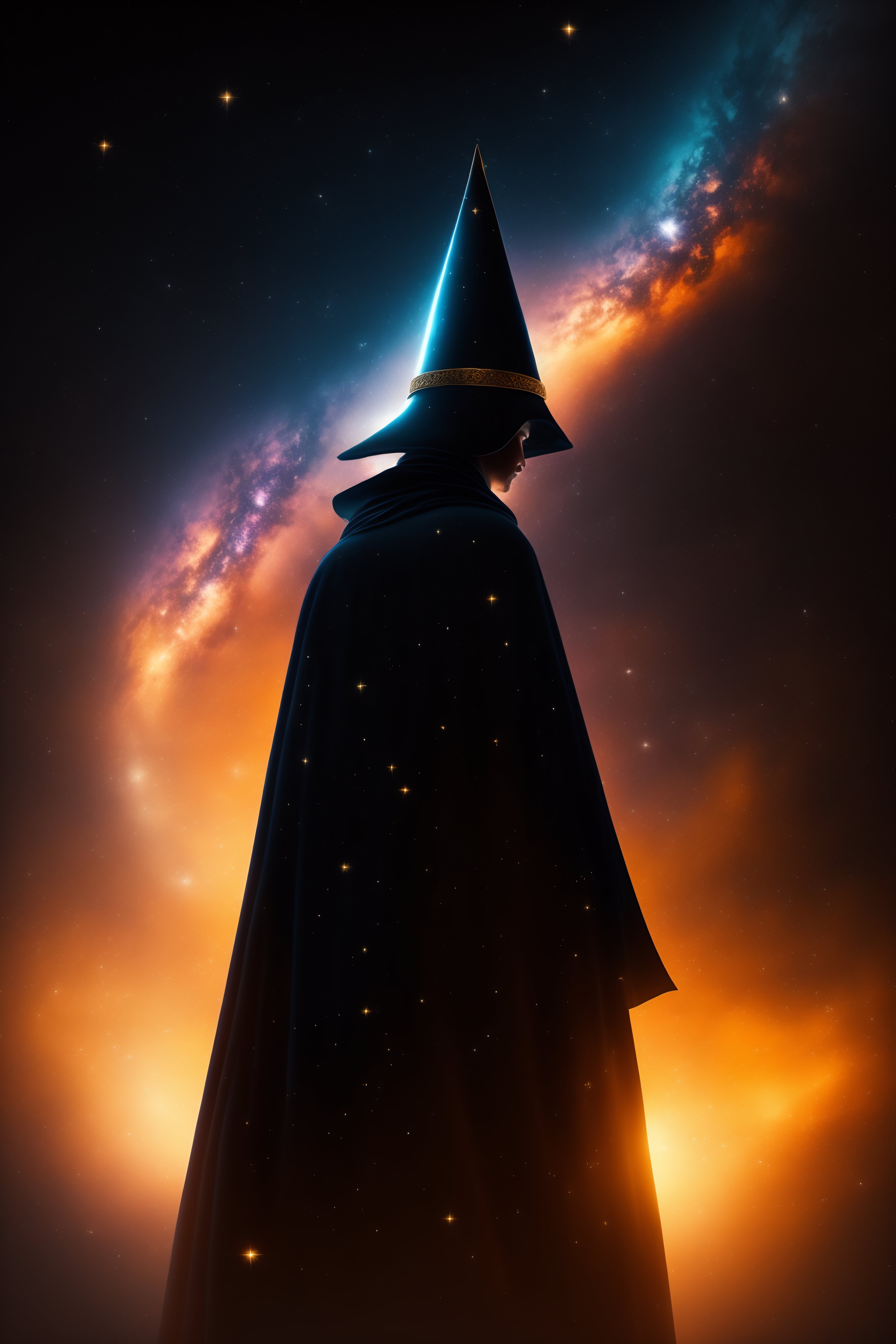 Lexica - Silhouette of a wizard in a robe and pointed hat on a ...