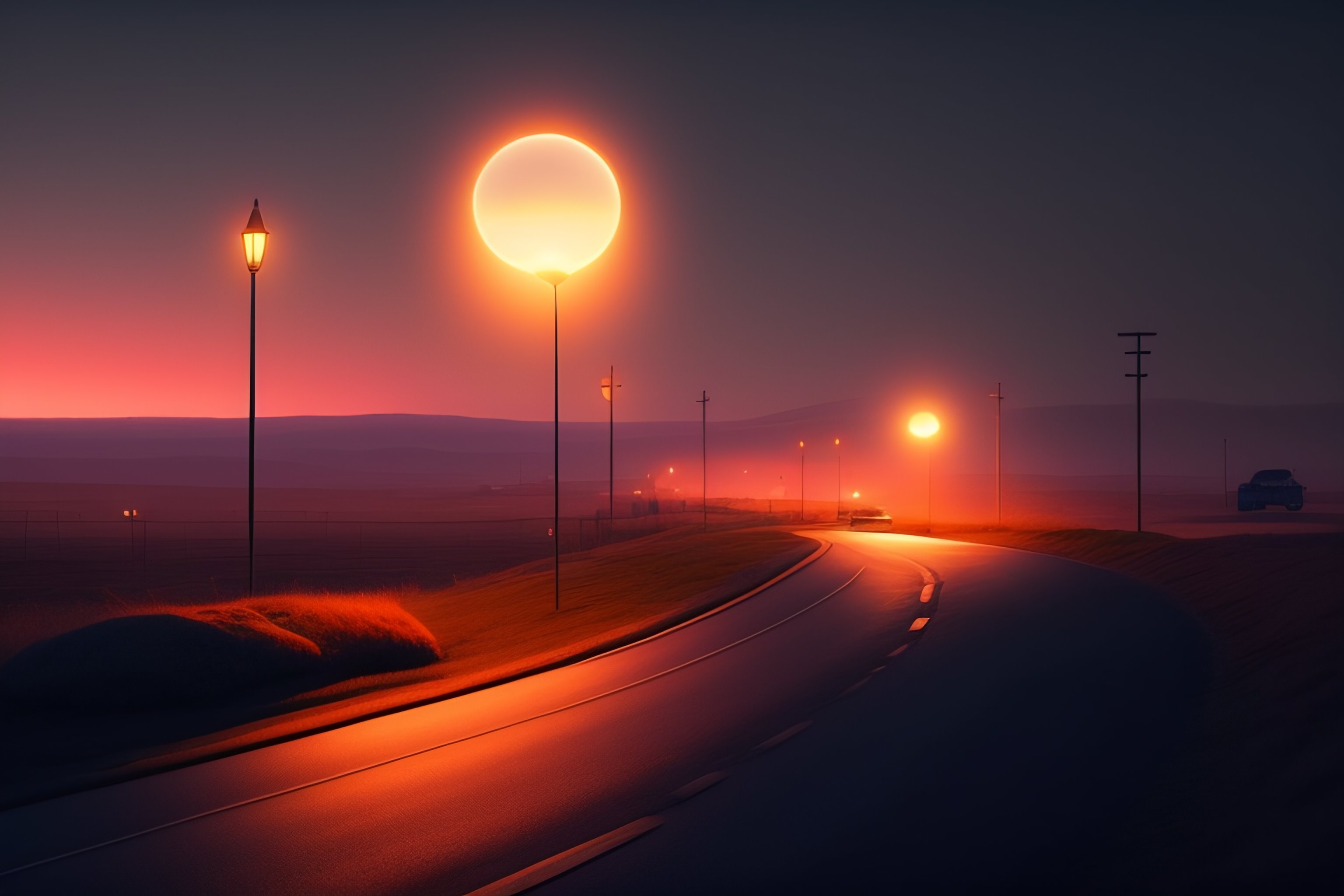 Lexica - Night, road side, single glowing sphere, illustrated by Simon ...