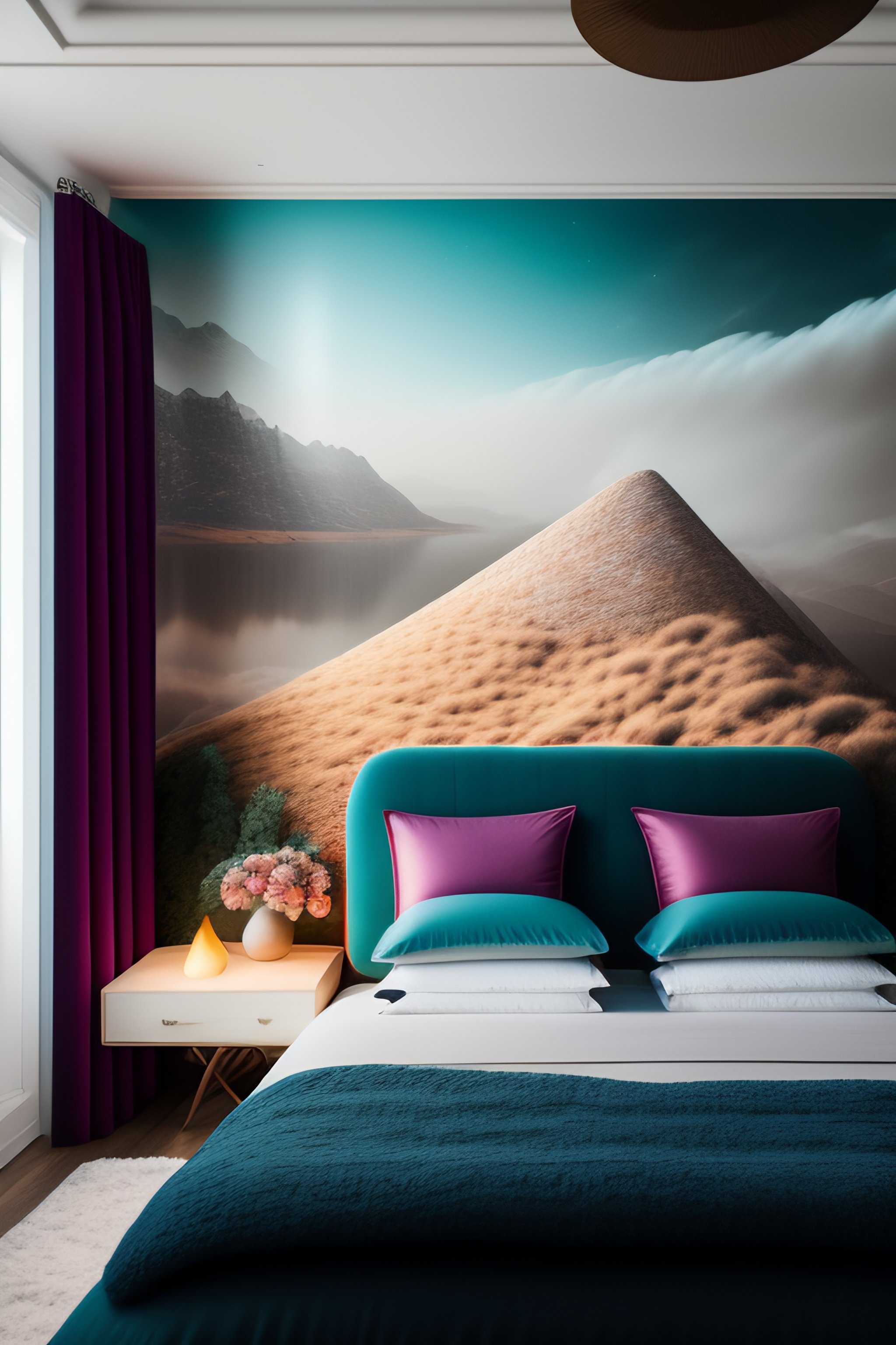 Lexica - Bedroom with large plush bed and walls covered in layers of fabric