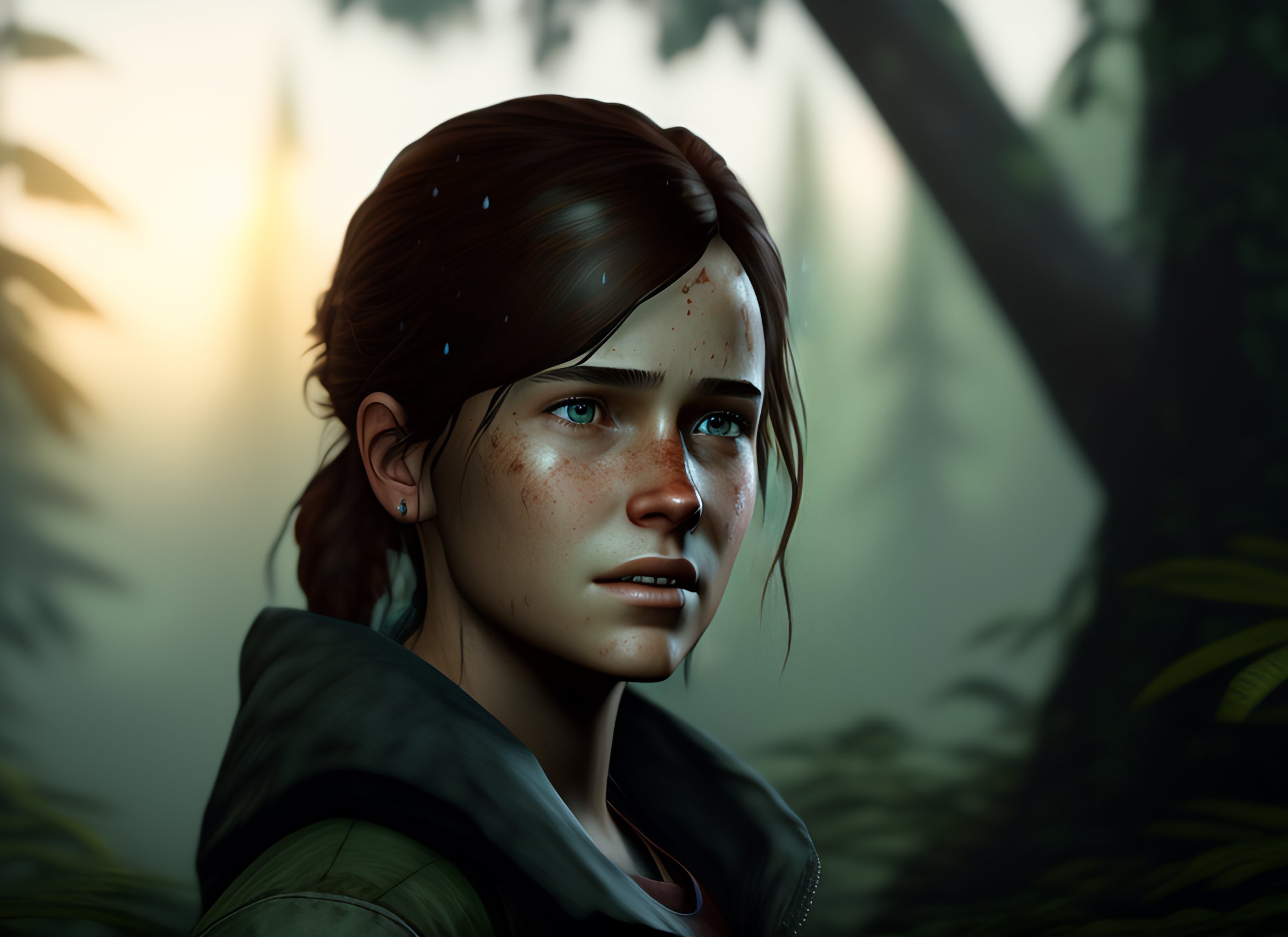 Lexica - Portrait of adult Ellie from the game The last of us 2, medium  shot looking to the side, raining, traces of rain on her face --ar 16:9  --tes