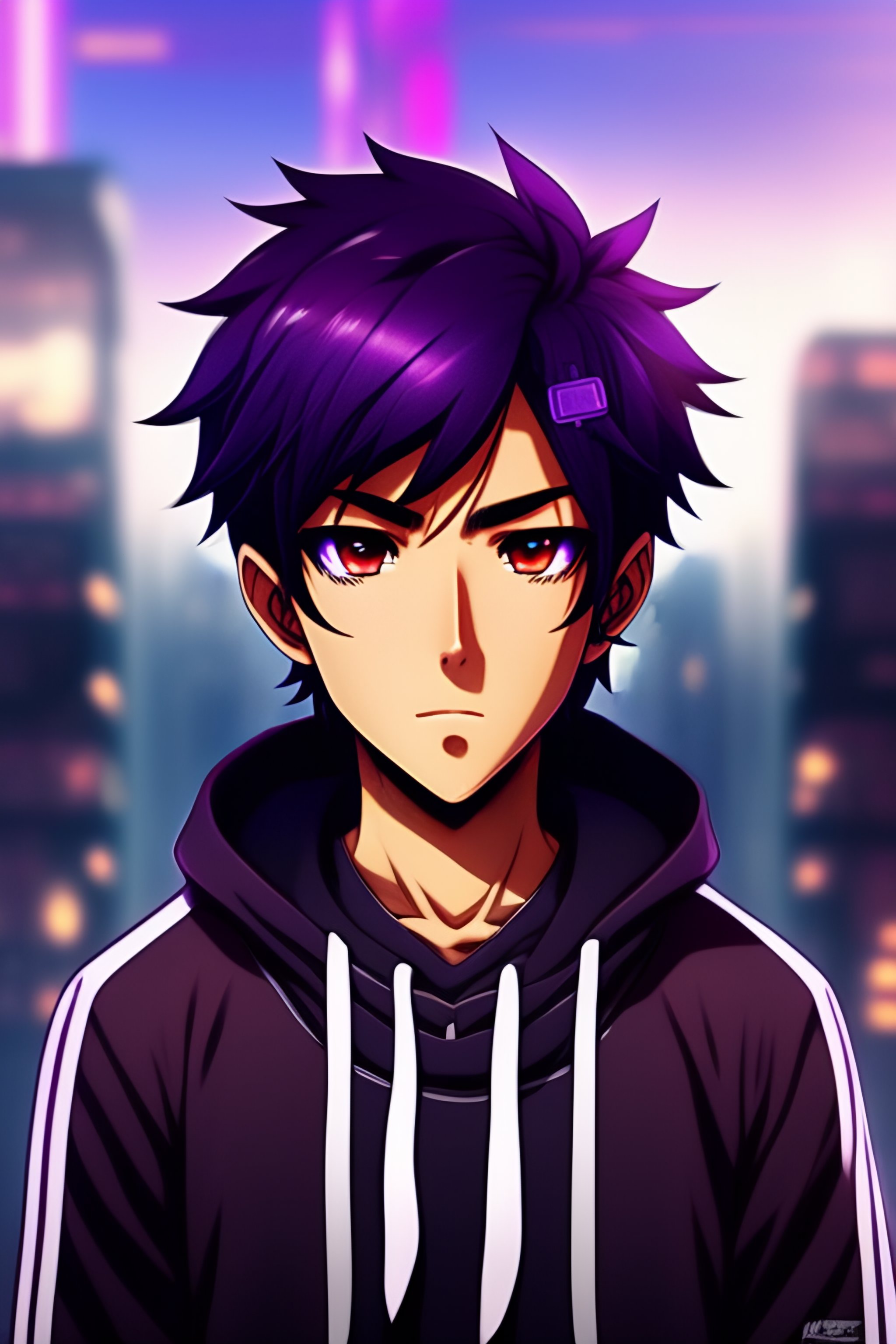 Lexica - Purple hair anime brown guy, dark skin, brown face, hoodie ...