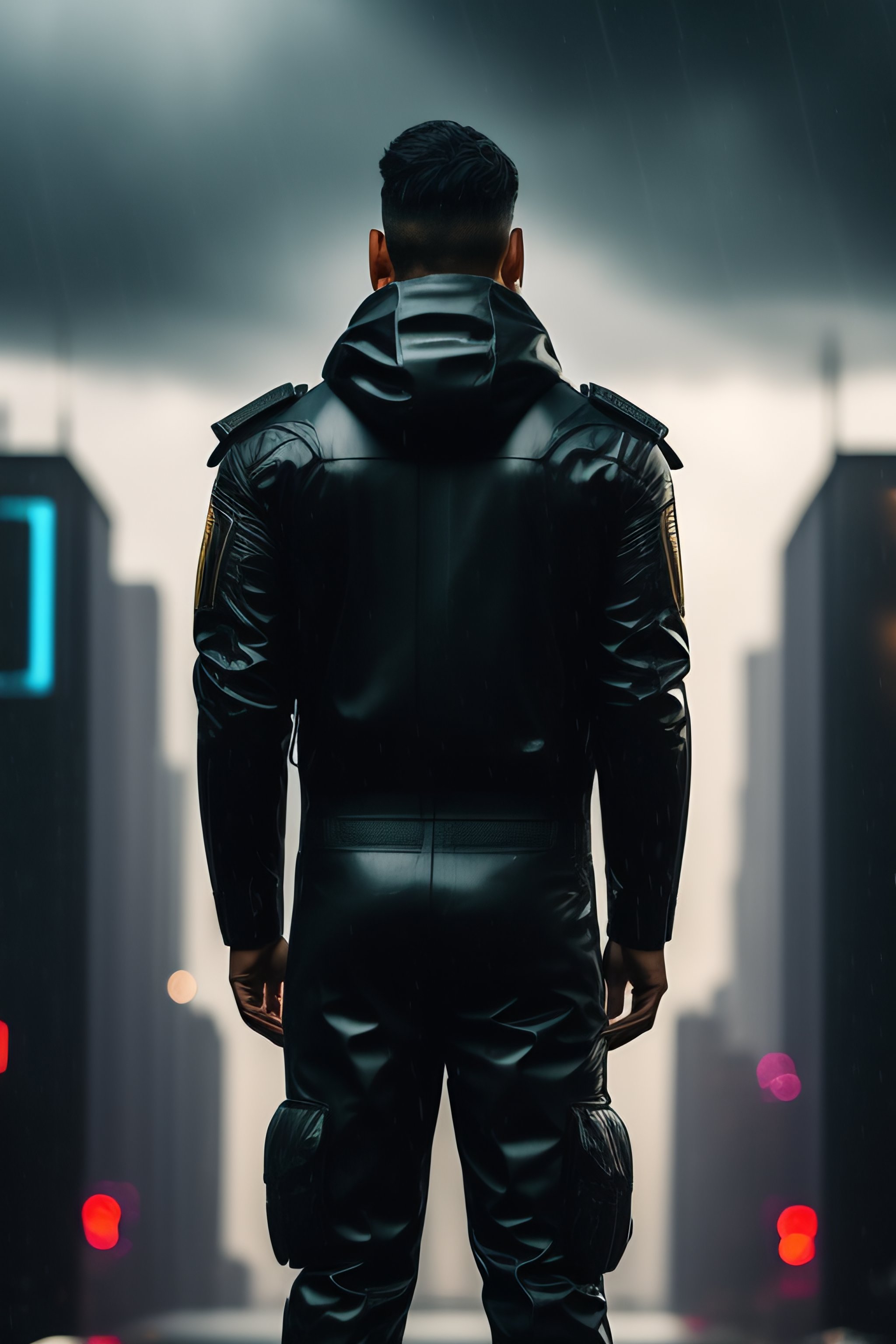 Lexica - Man in black technological suit charming on top of a roof in a ...