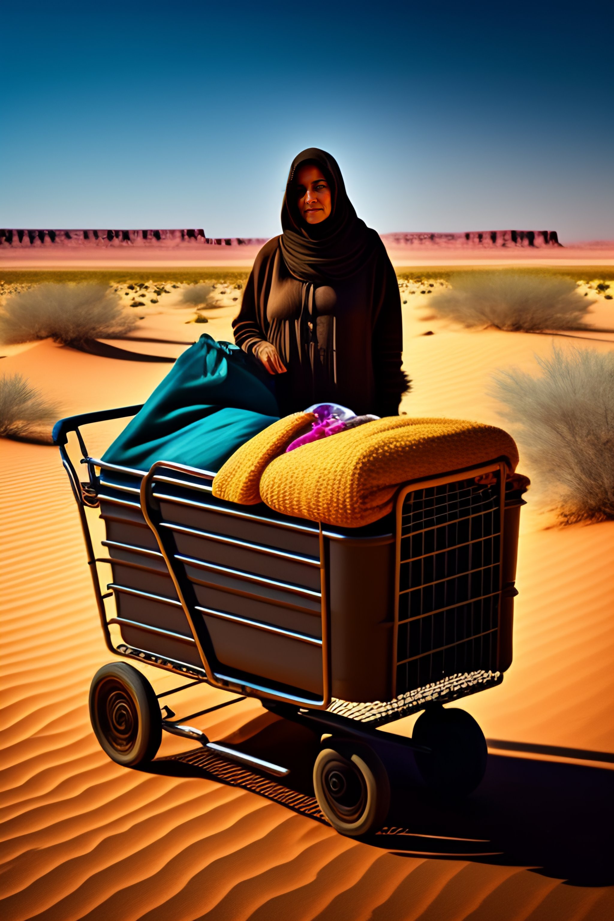 Lexica - Homeless woman with a shopping cart in the desert
