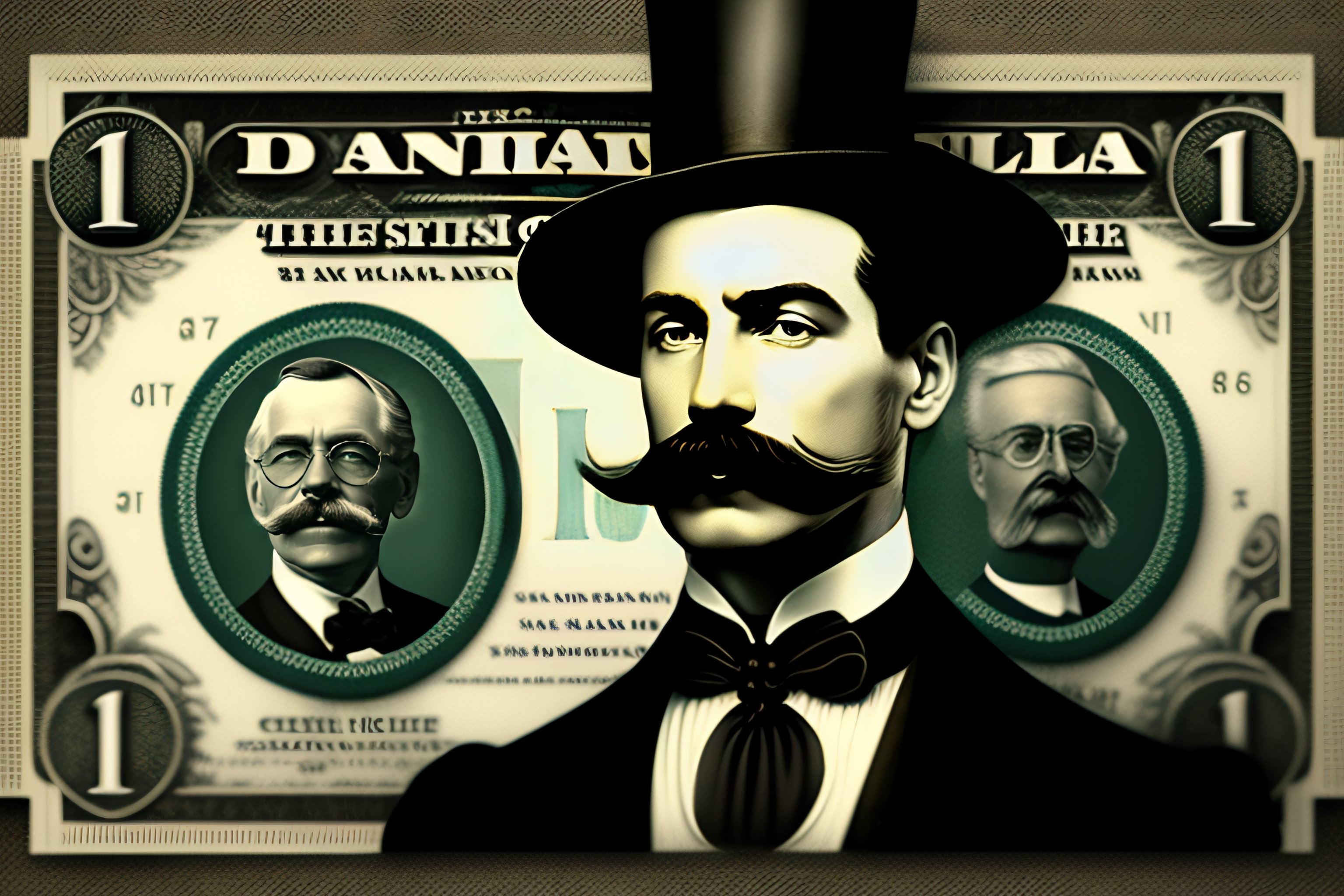 Lexica Man with monocle and tophat and moustache on a dollar bill