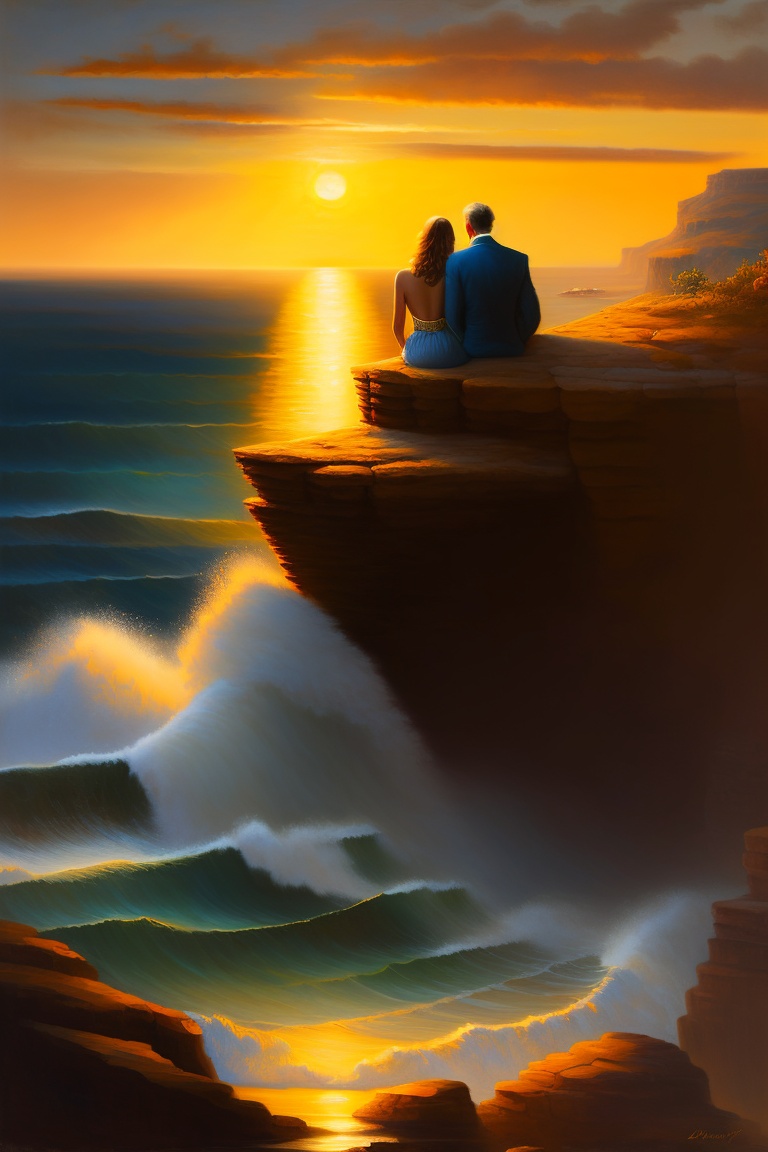 Lexica - In the oil painting, a couple rests on a cliff overlooking the ...