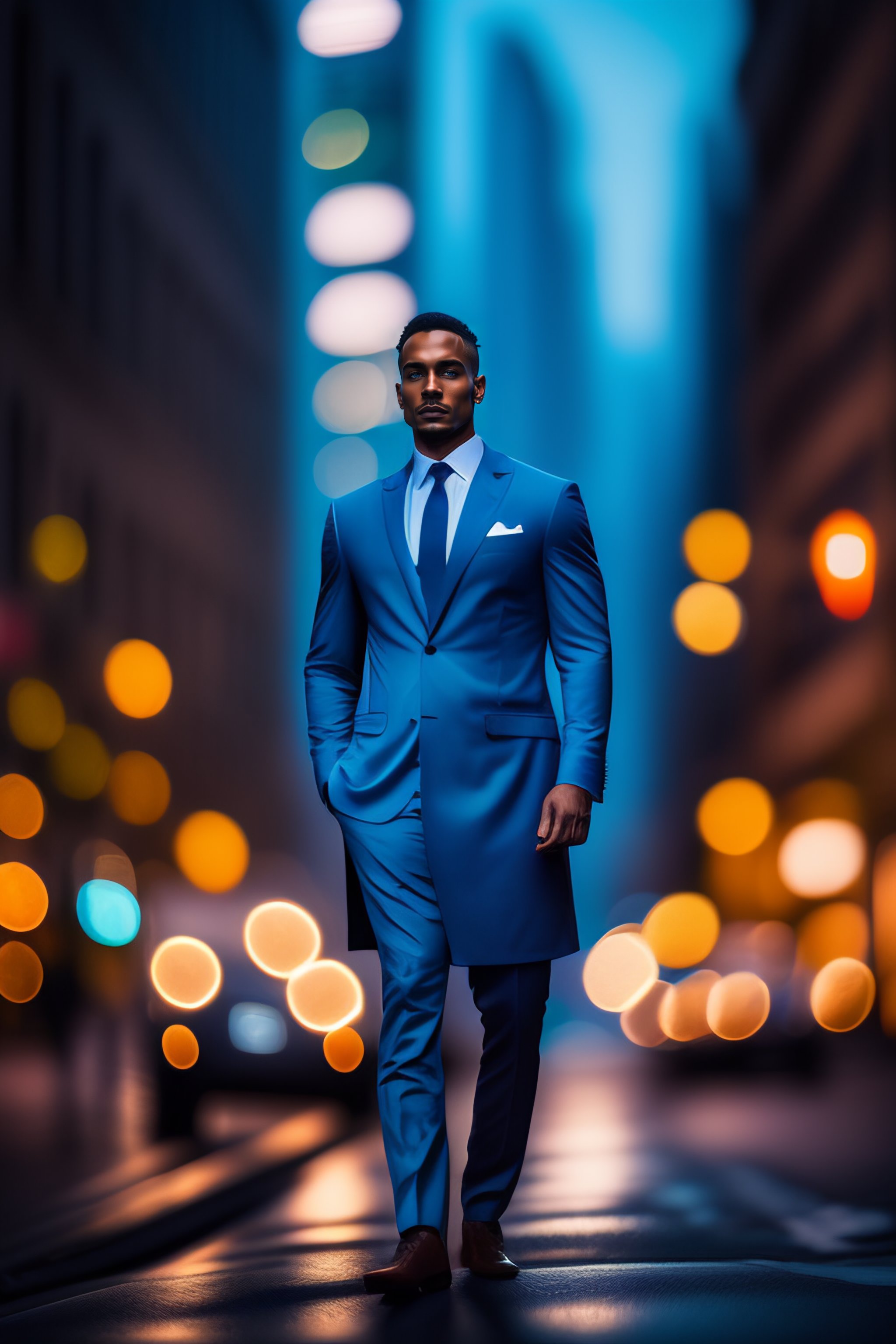 Lexica - Man in a blue dress in night under street light, highly ...
