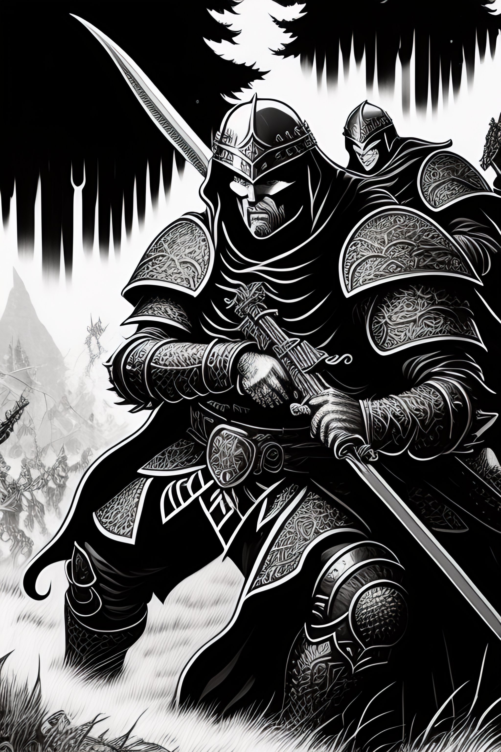Lexica Knights fighting zombies, black and white, illustration, line