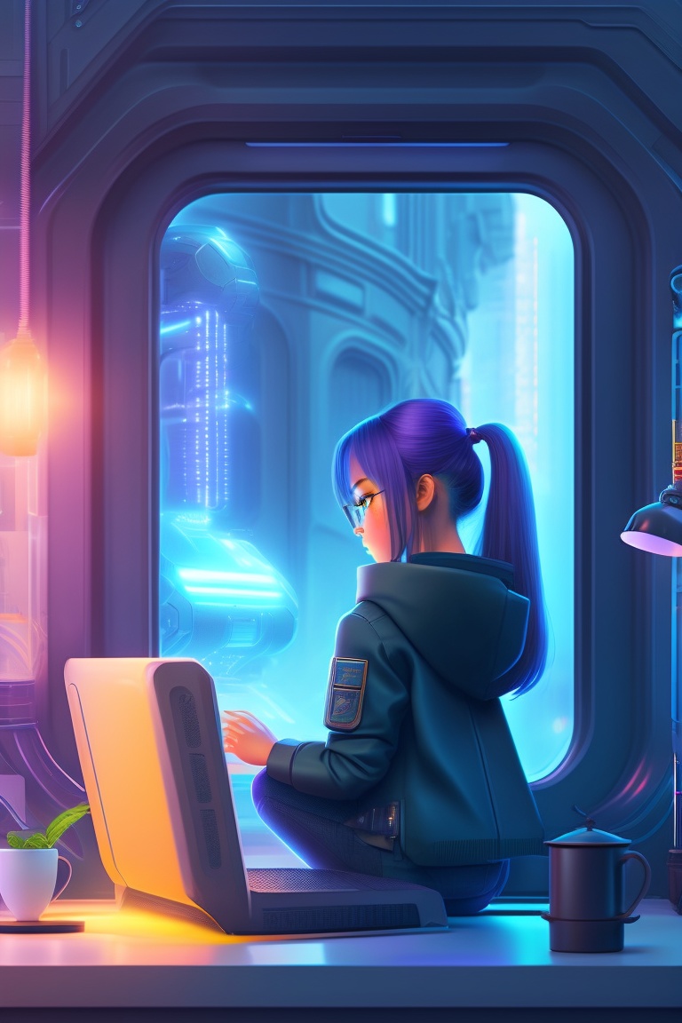 Lexica - Girl and robot sitting back to back working on a text in a ...