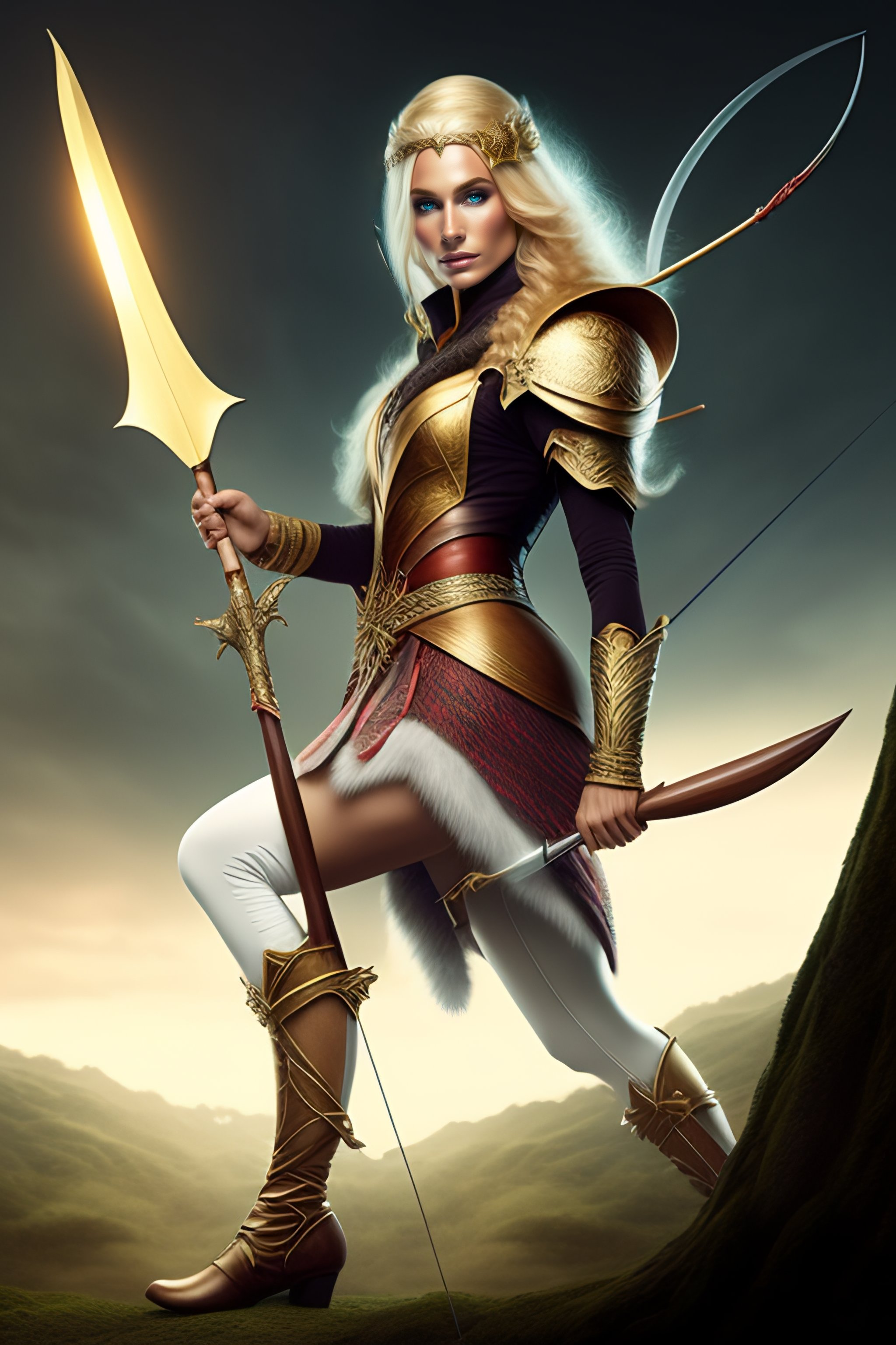 Lexica - Midjourney style, A blond elf with bow and arrow in a wood