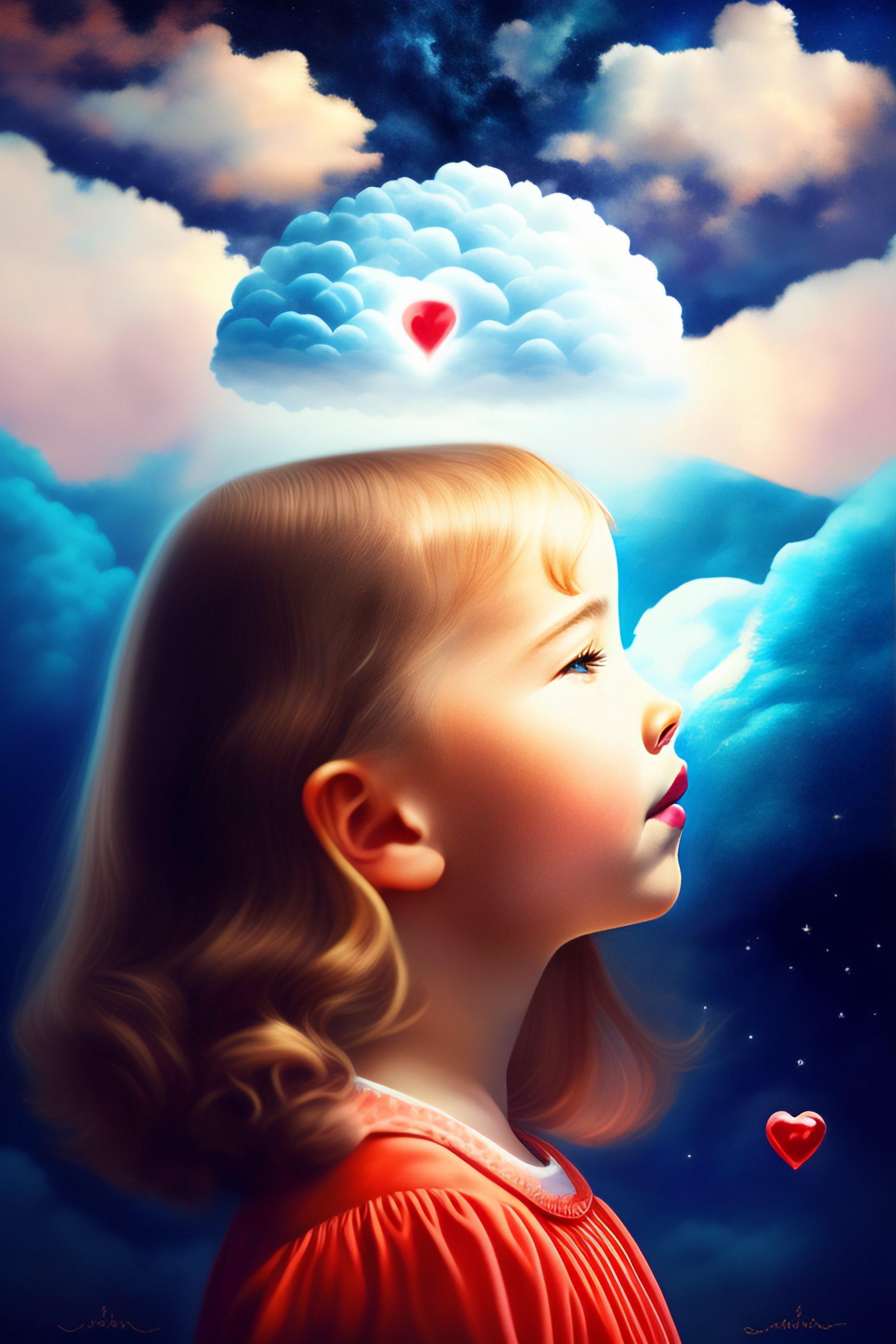 Lexica - A girl looks up at the sky, a cloud in the shape of a heart