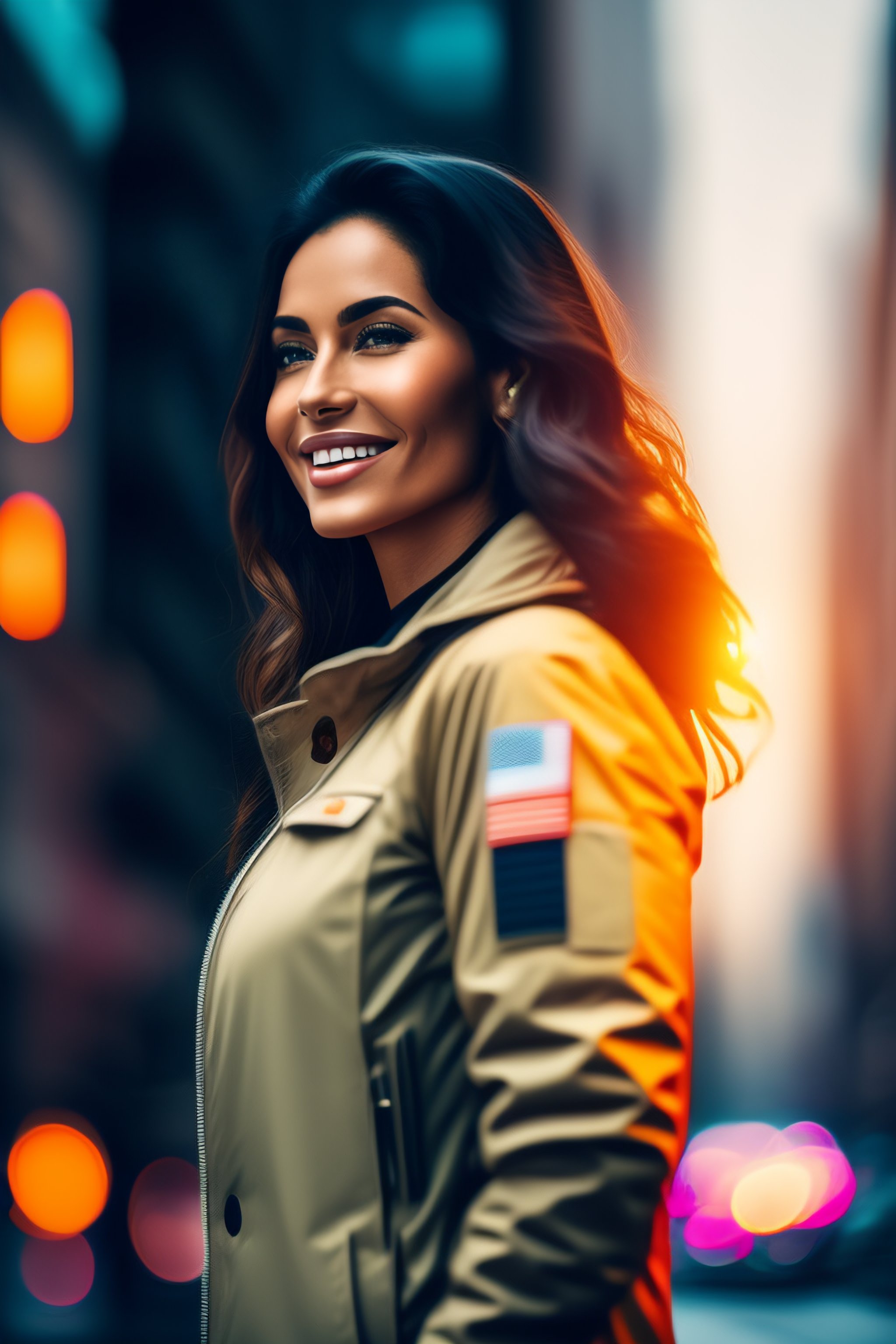 Lexica - Cross-armed woman looking to the side and smiling in a city