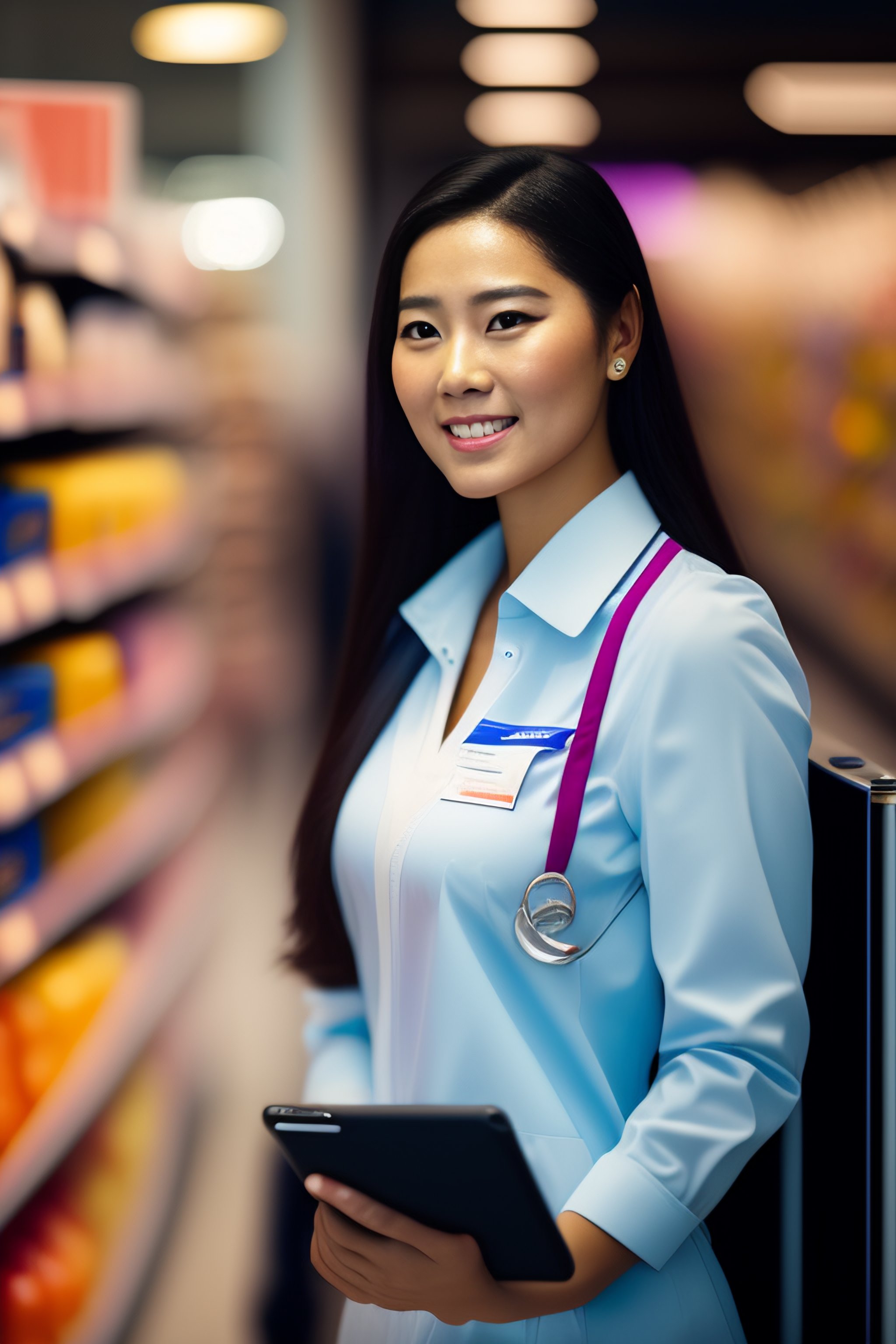 Lexica - Portrait of a merchandiser in store, holding a mobile phone