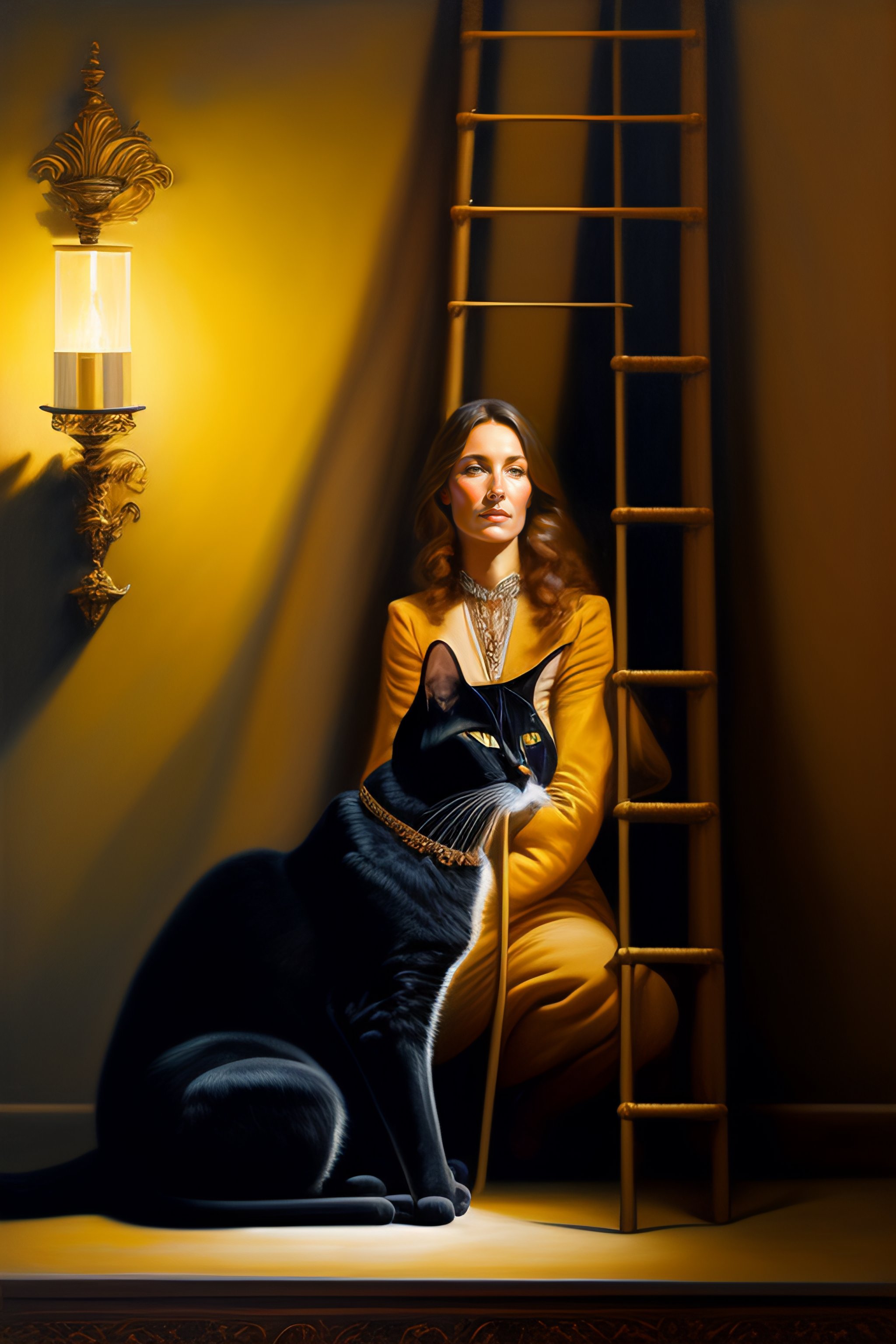 Lexica - Woman kneeling next to a ladder dynamic pose, next to a black ...