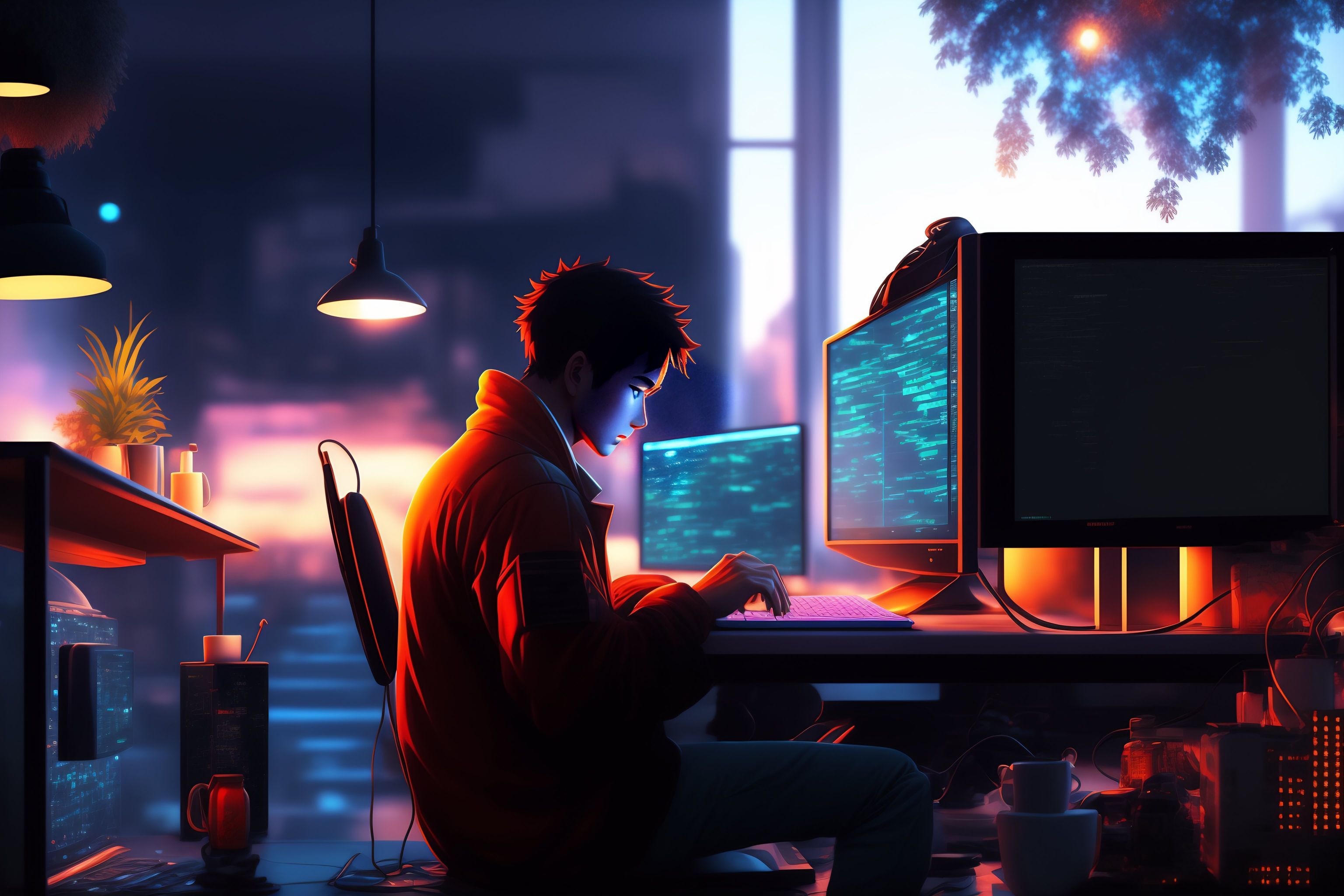 Lexica - Create a high resolution artwork of lofi ,Anime man is ...