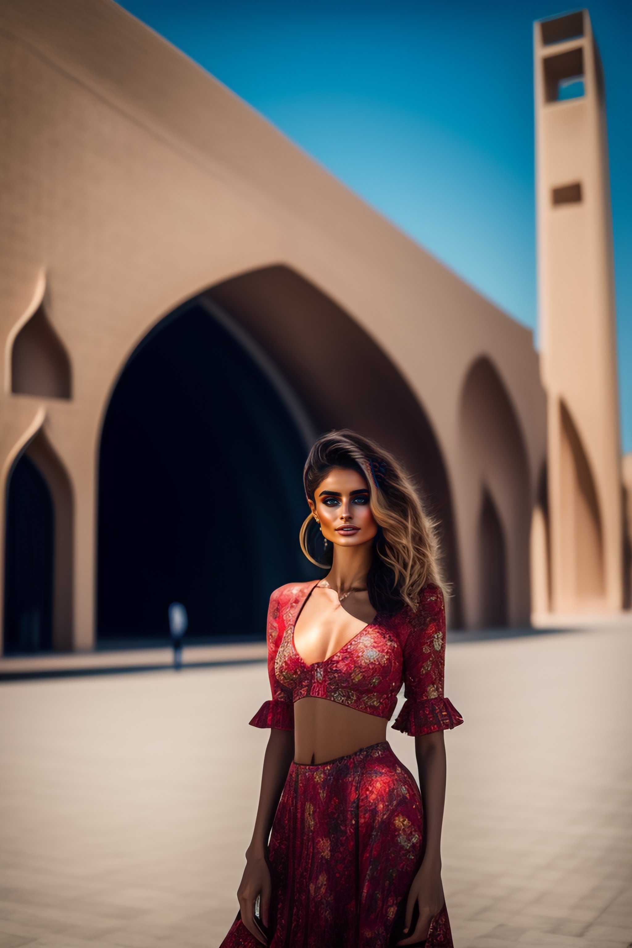 Lexica - Taylor hill as Iranian girl with bikini style standing in Azadi  square in Tehran, gentle laughter, hot, radiant light, full length, light  sk...