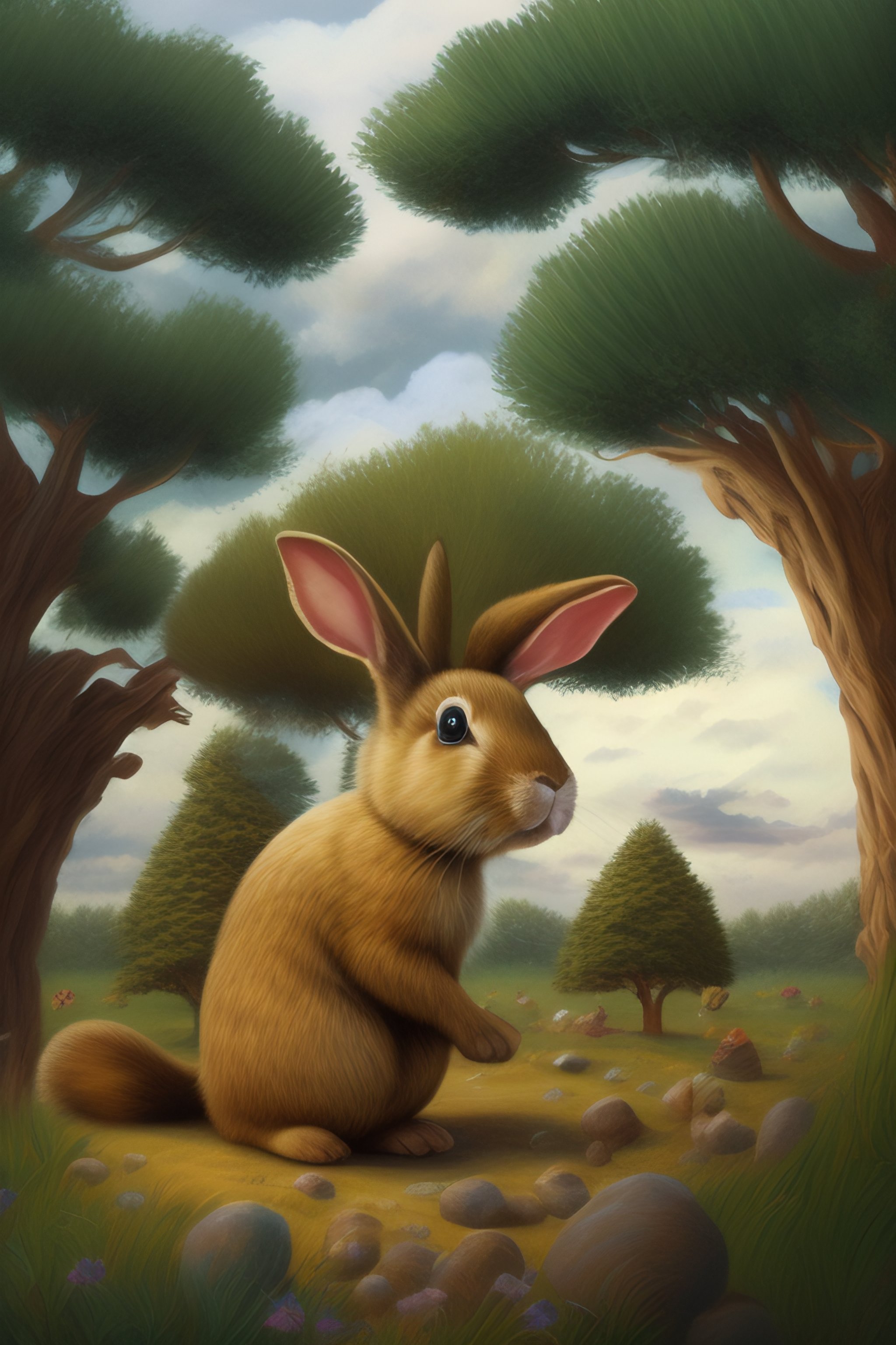Lexica - Cute bunny, easter, trees, cartoon, clear sky, Surrealism