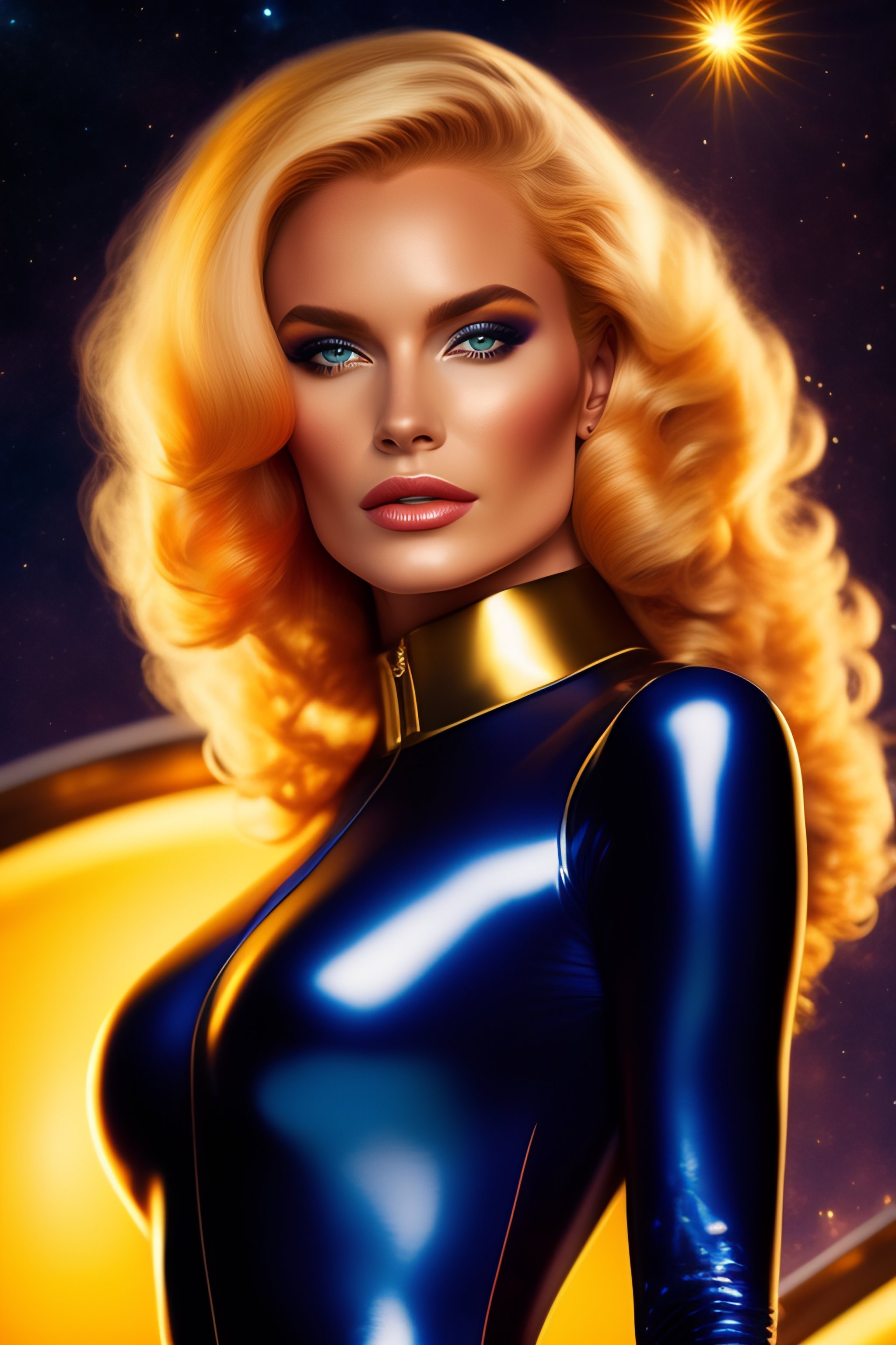 Lexica A Hot Spacegirl With Golden Hair Wearing A Dark Blue Catsuit She Looks At The Sun