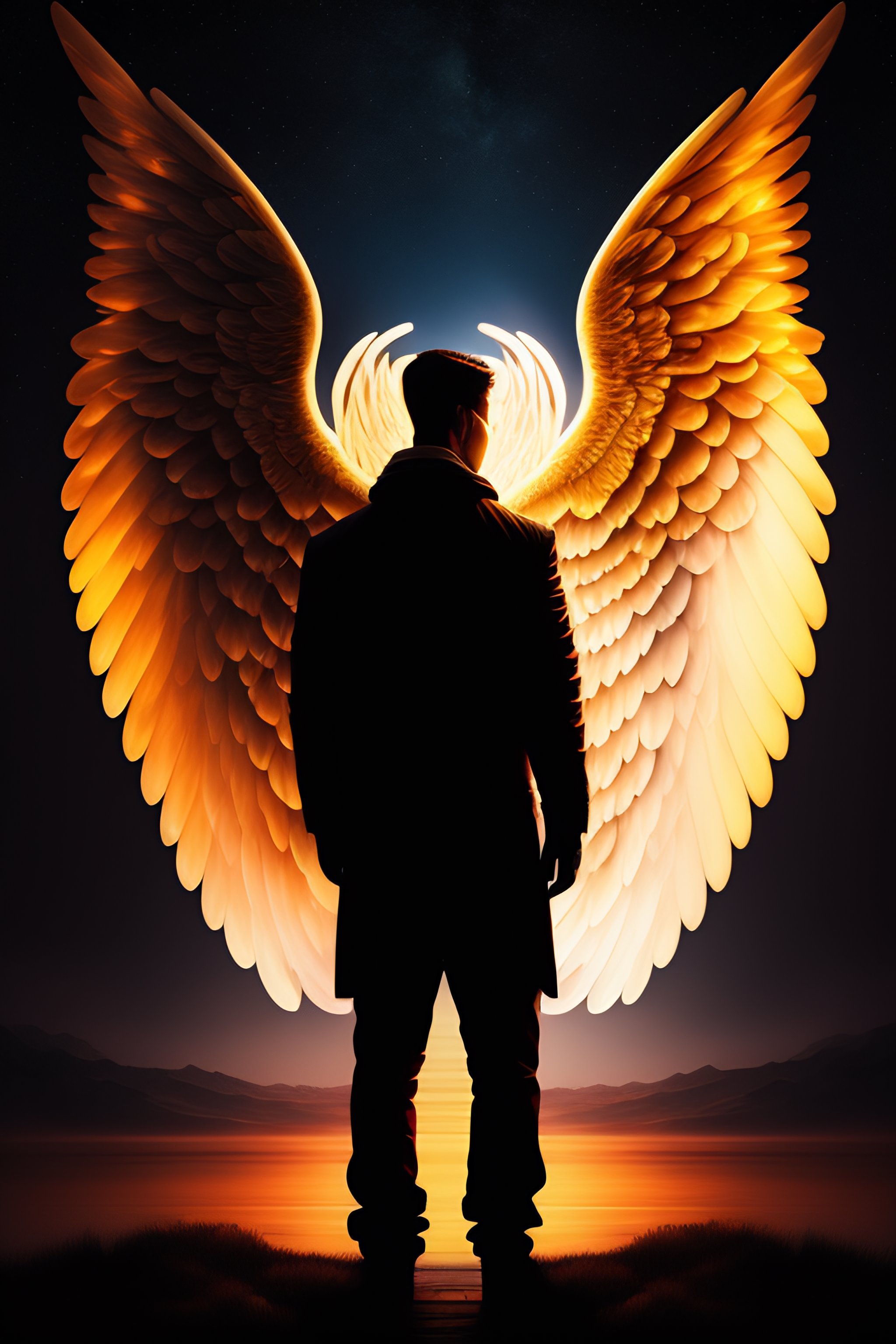 Lexica The silhouette of a man from behind, with angel wings