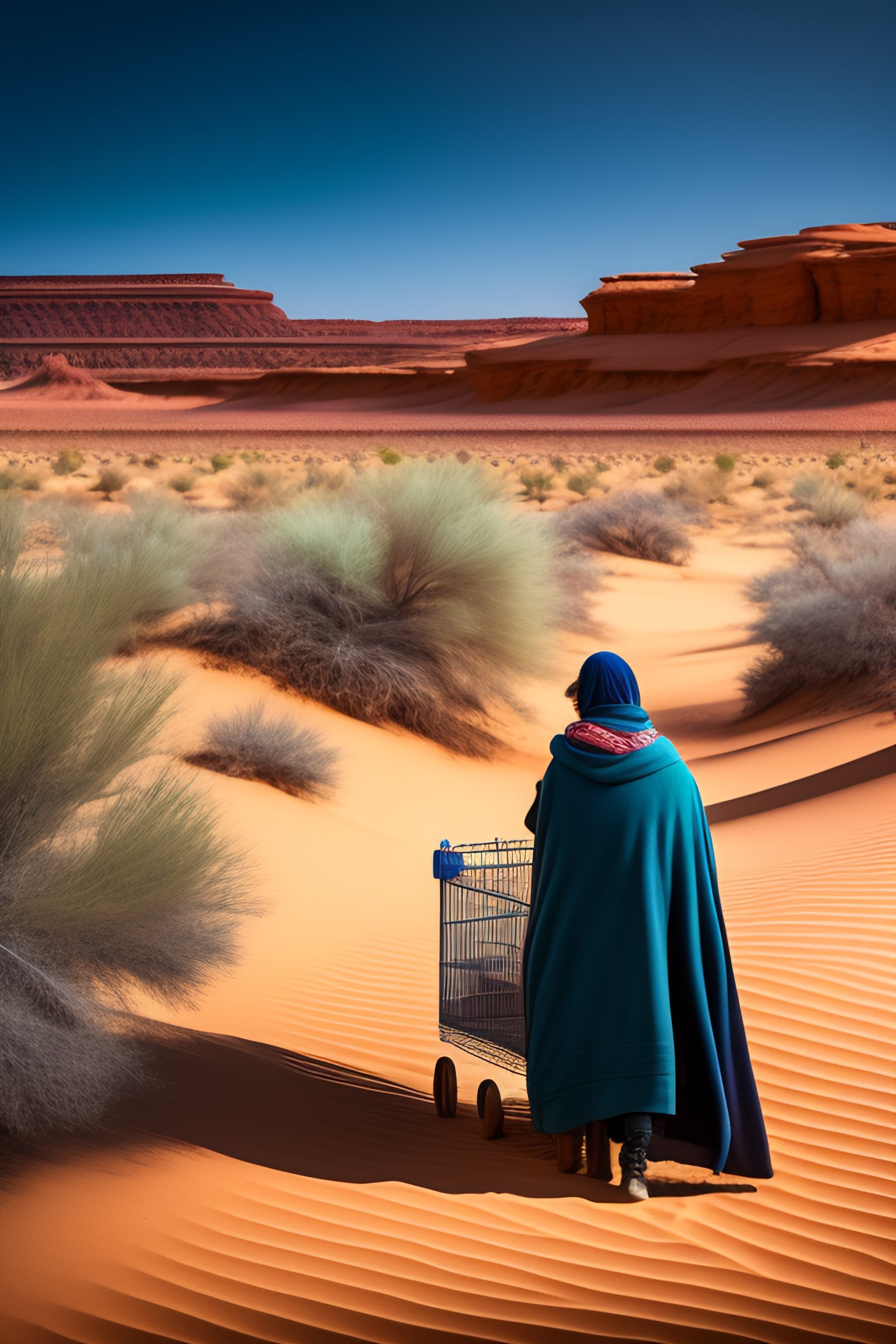Lexica - Homeless woman with a shopping cart in the desert