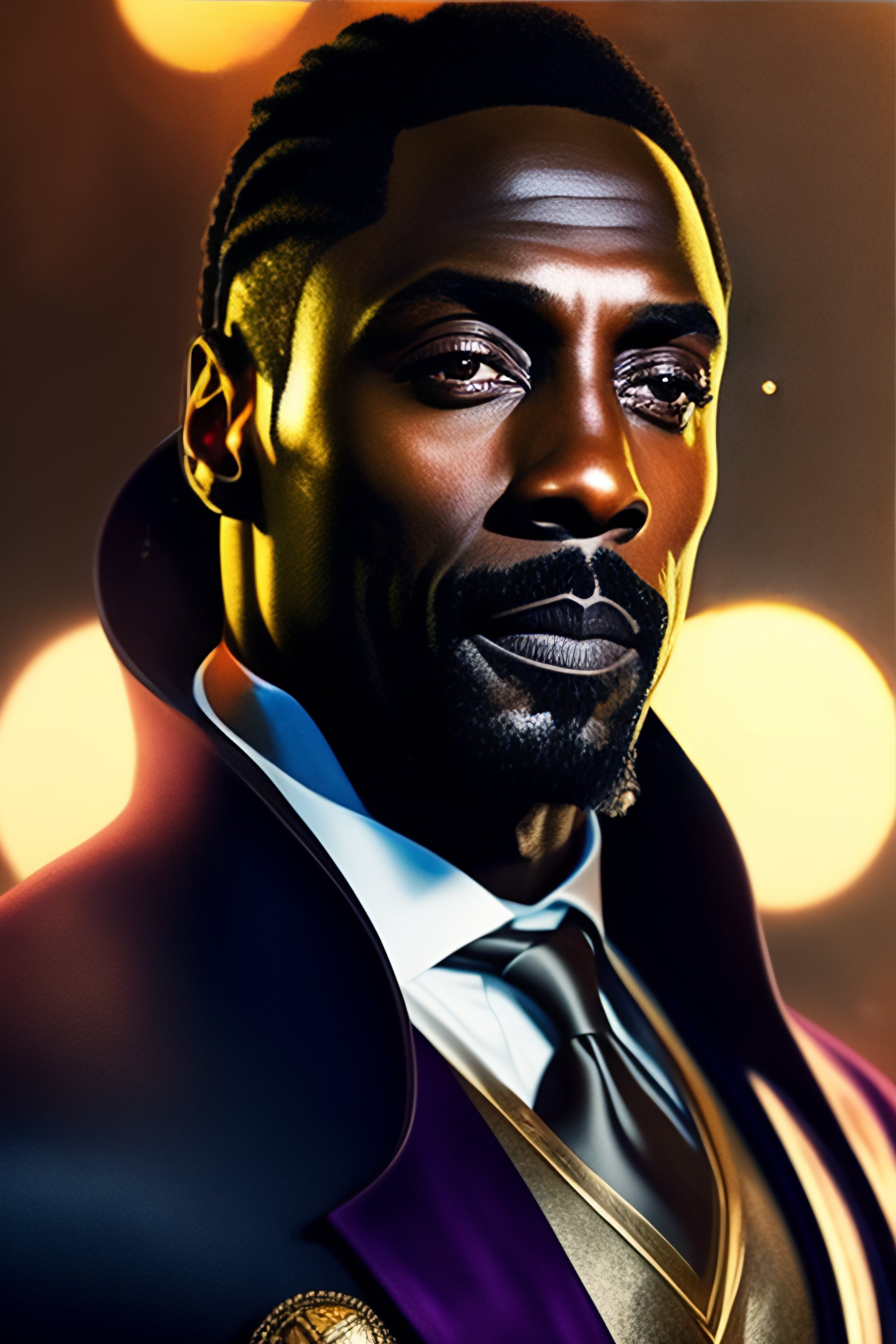 Lexica - Idris Elba, D&D Wizard with staff gem, dreadlock hair
