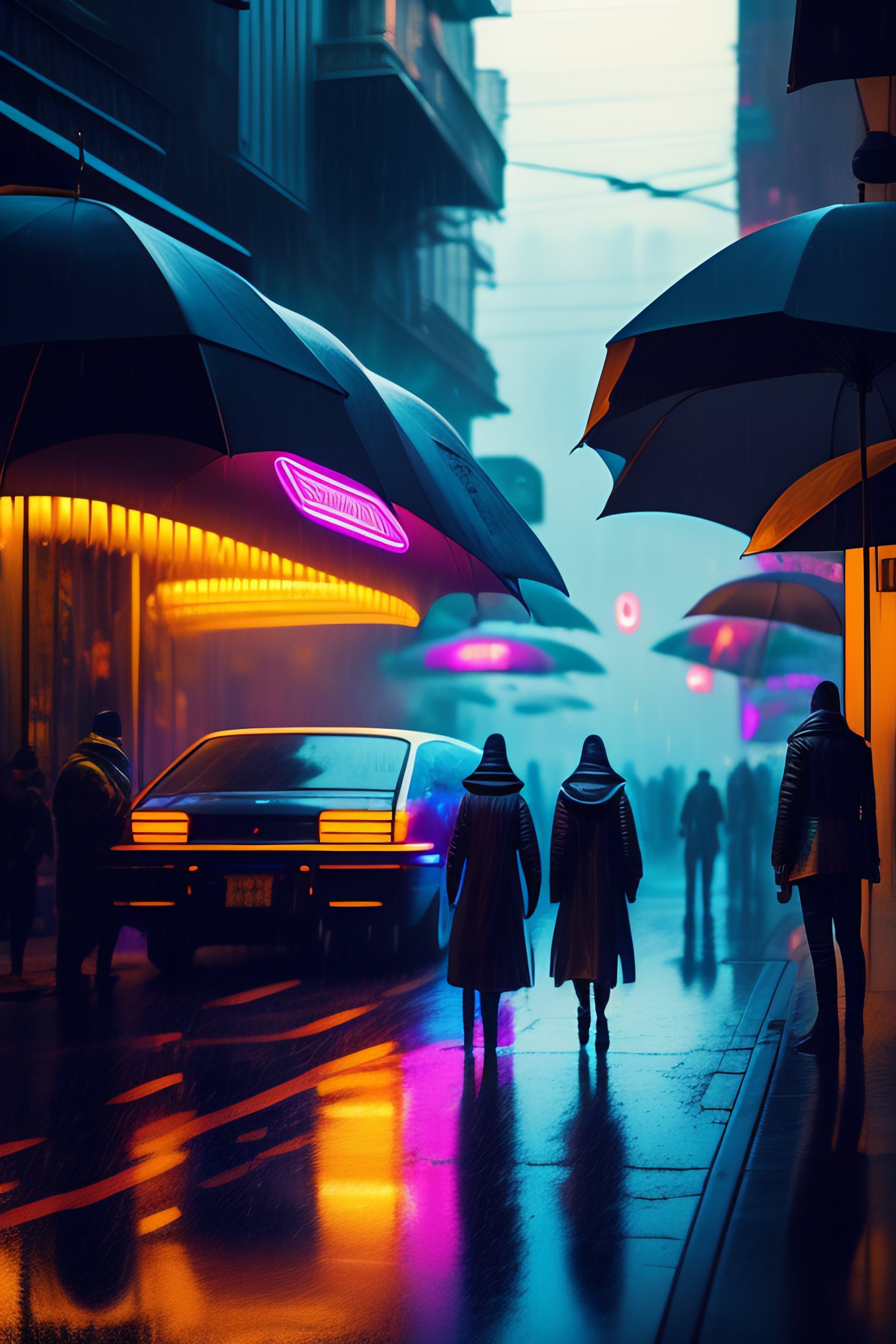 Lexica Cyberpunk Street Scene Raining Night Time With Neon Signs A Single Futuristic