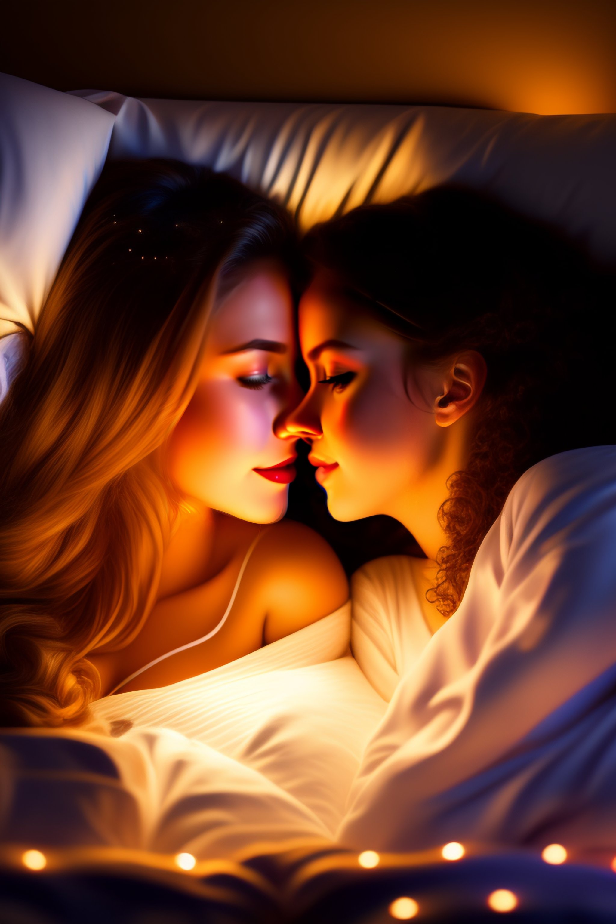 Lexica - Beautiful, photo-realistic picture of two girls kissing and in bed!,  intricate, elegant, glowing lights, highly detailed, photo-realistic, (...