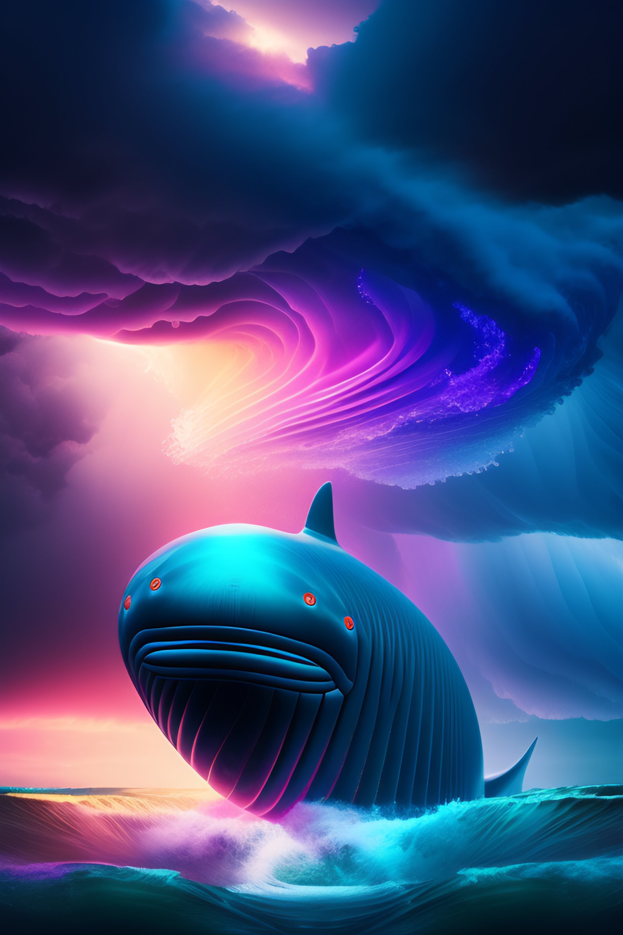 Lexica - A large blue whale swimming in the open blue ocean in a stormy