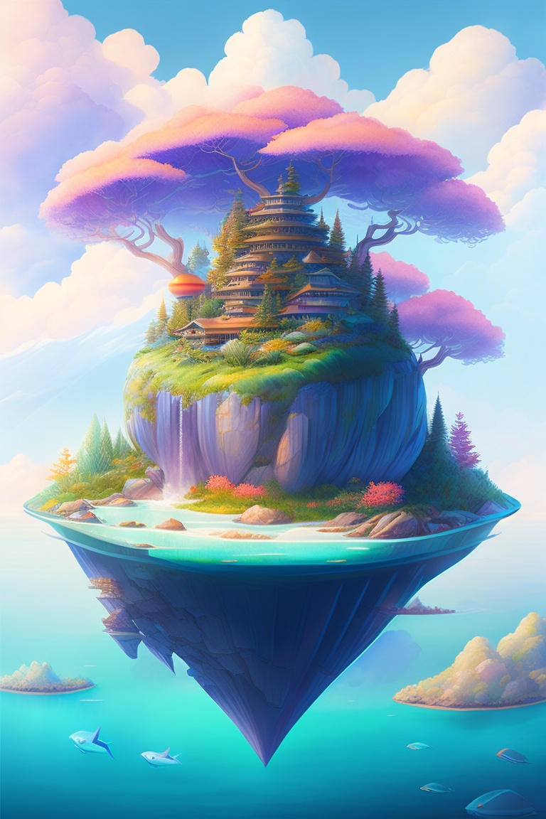 Lexica - A floating island high above, floating in the air:: watercolor ...