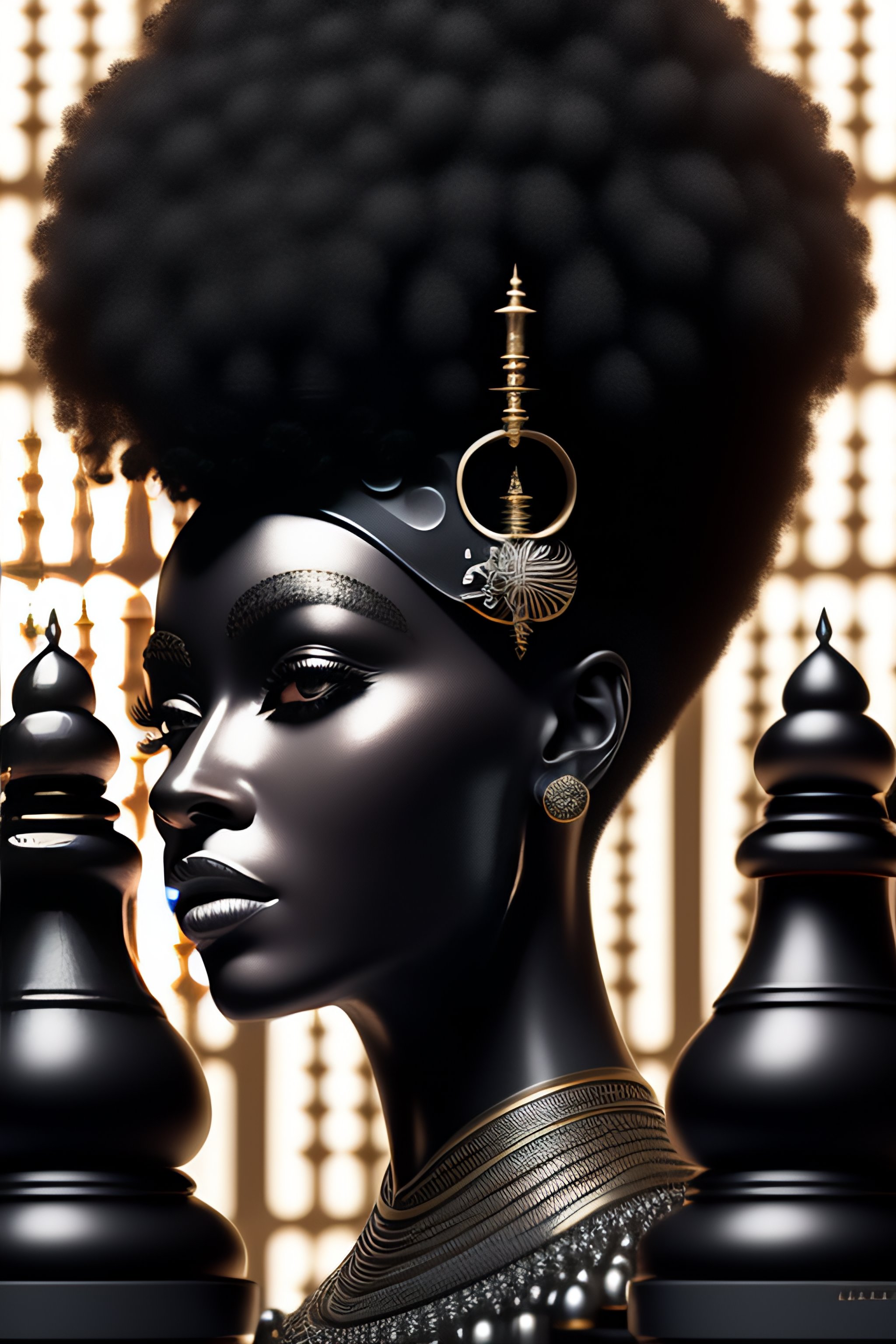 Lexica - Mythical dreamy black and white organic bio - mechanical spinal  ribbed profile face portrait of a Nefertiti with curly afro praying, detail