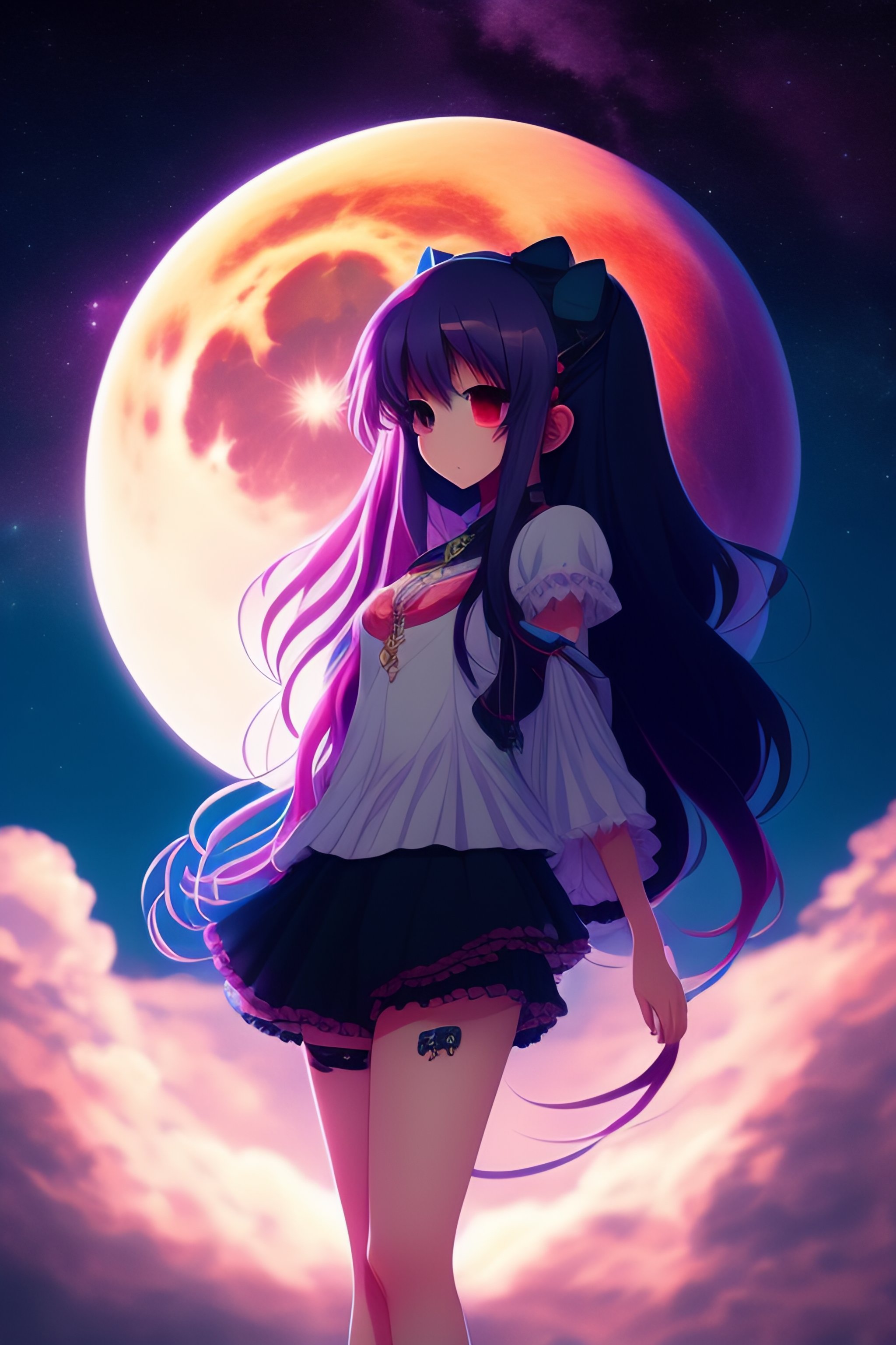 Lexica - Full moon, pink moon, anime, anime girl, long hair, view in  camera, no floor