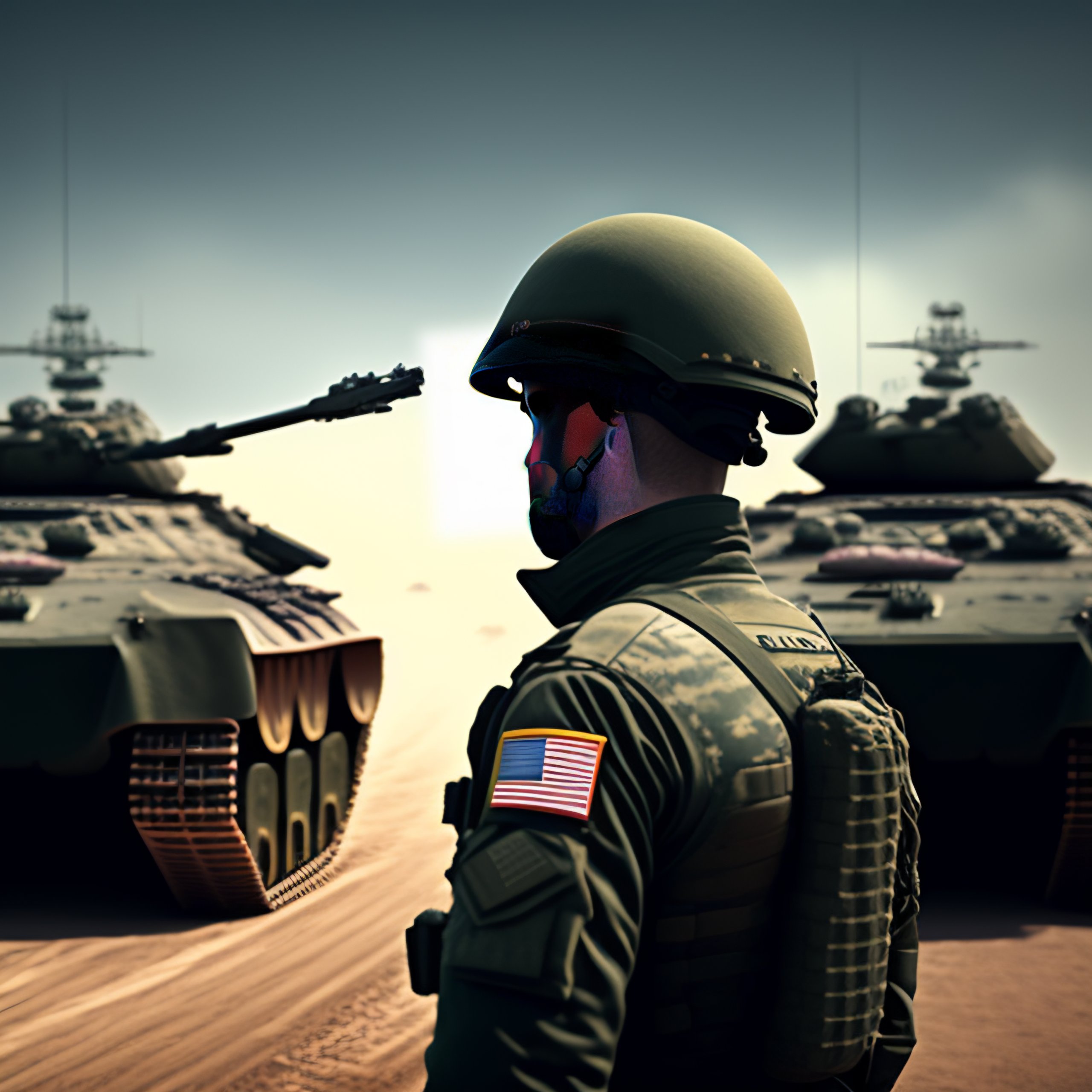 Lexica - One soldier looking at multiple enemy tanks