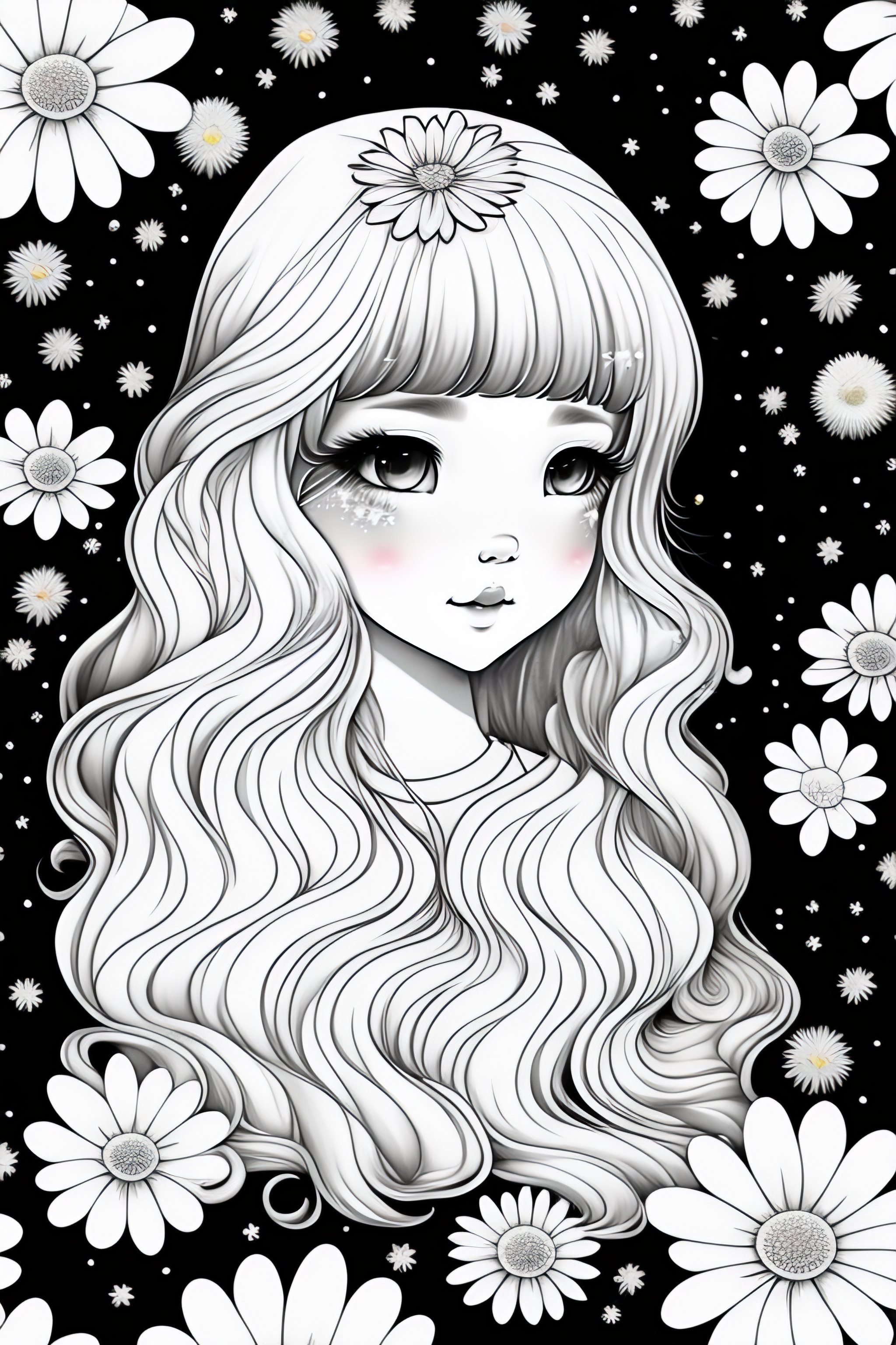 Lexica Kawaii style no color of a cute adorable girl with a long