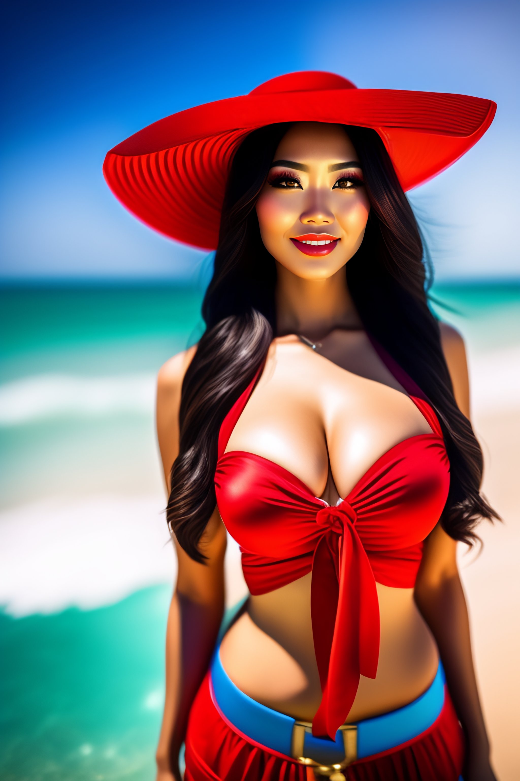 Lexica - Mai Shiranui Cosplay holding fans, bright day at beach background,  red dress, photorealistic D7 style, beautiful asian woman model, shy pose...