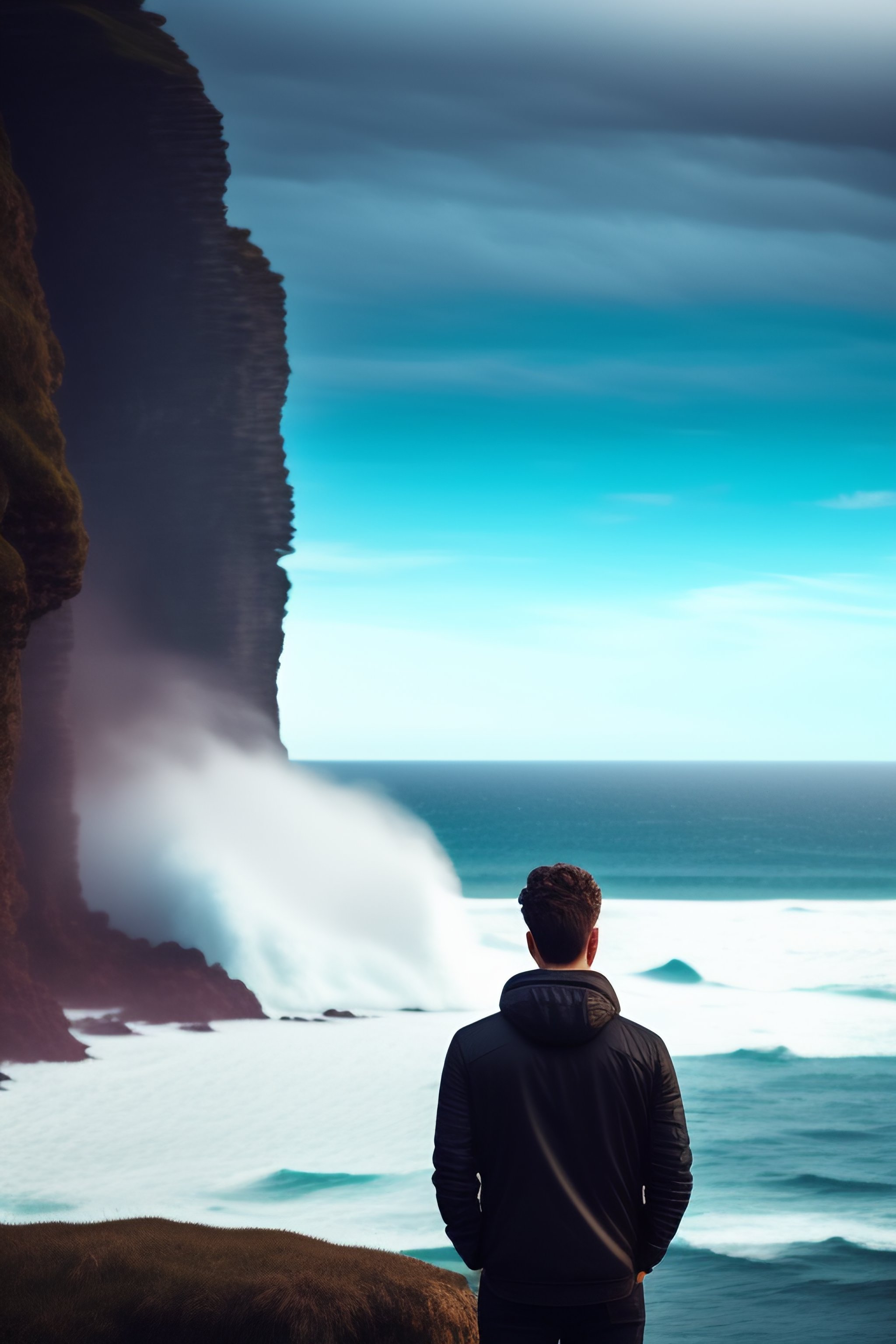 Lexica - An image of a lone figure standing on a cliff, looking out at ...