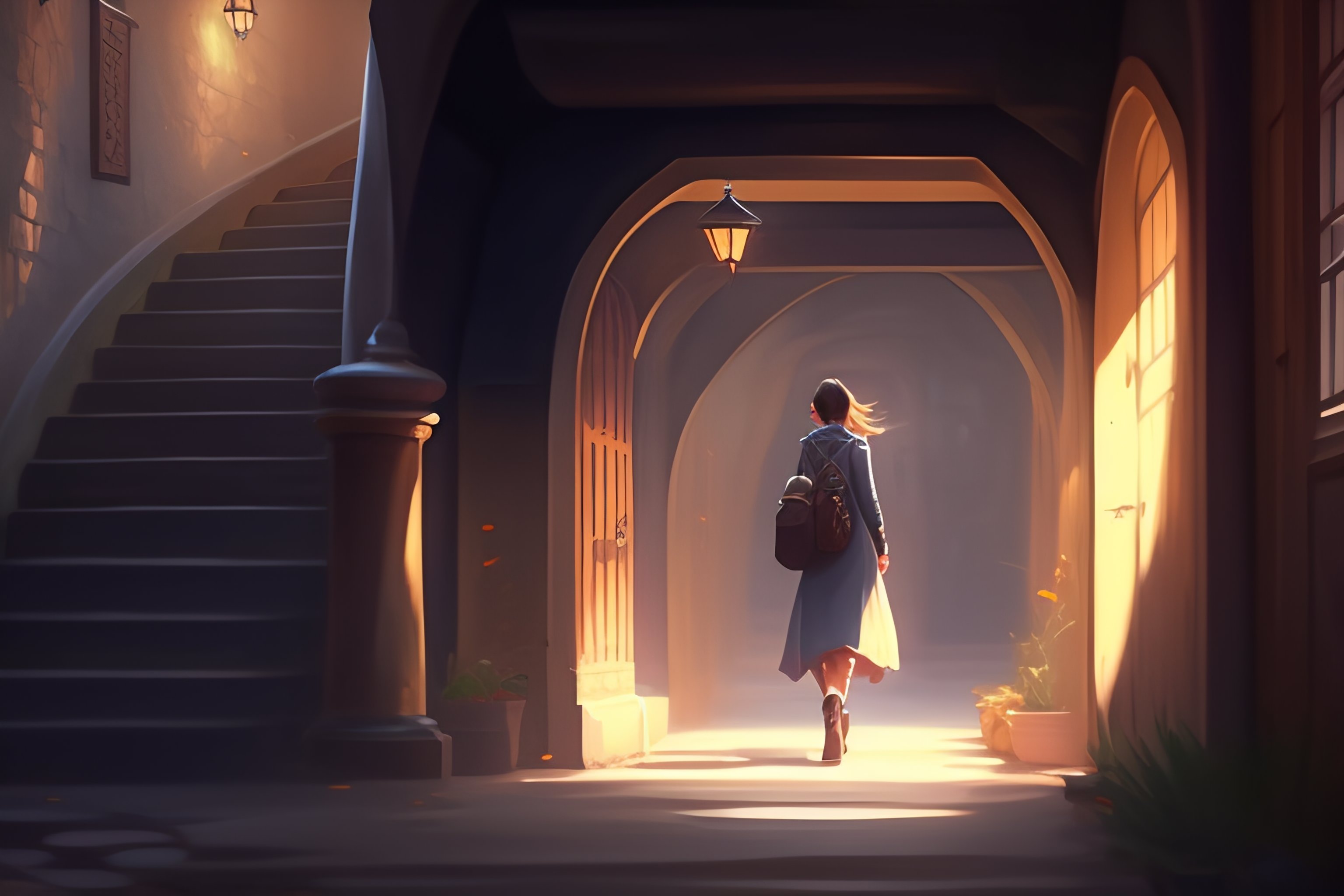 Lexica Woman walking down stairs into a cellar. you see a corridor